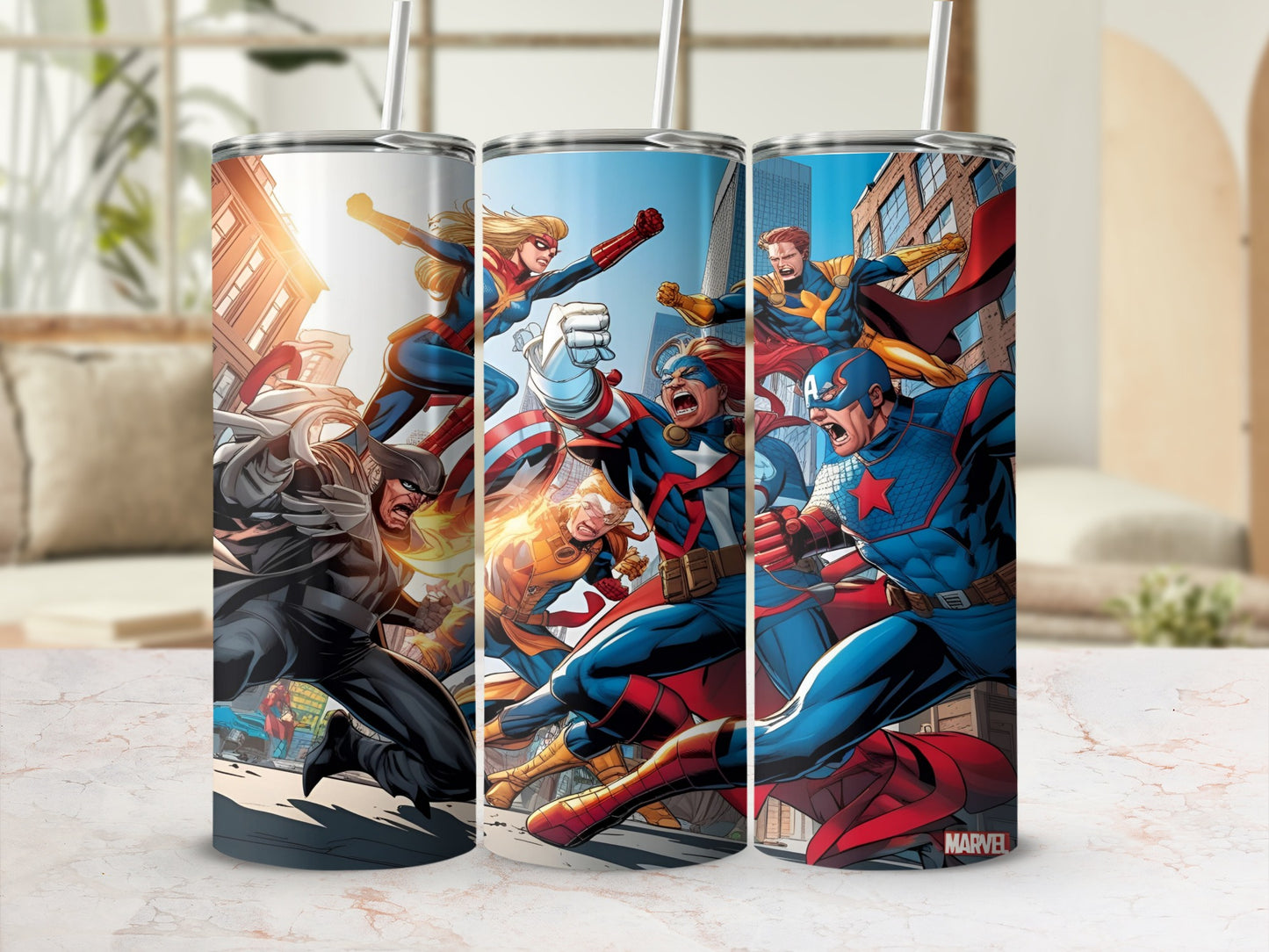 Marvel superheroes Captain America and Captain Marvel in action against a villain.