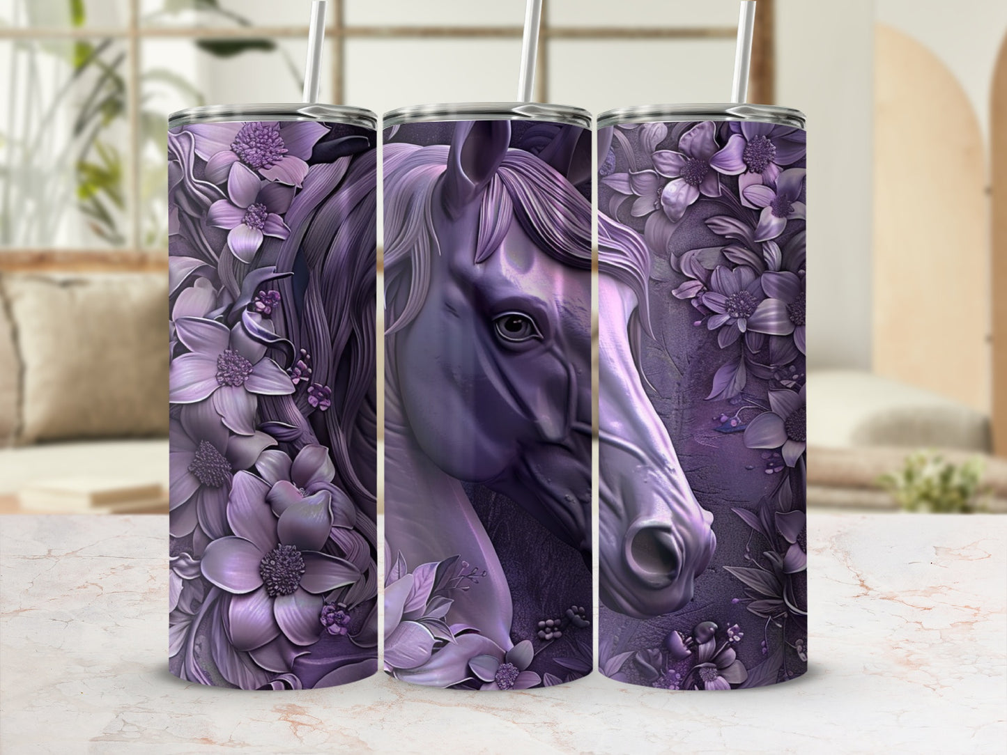 Purple horse with flowers on a tumbler.