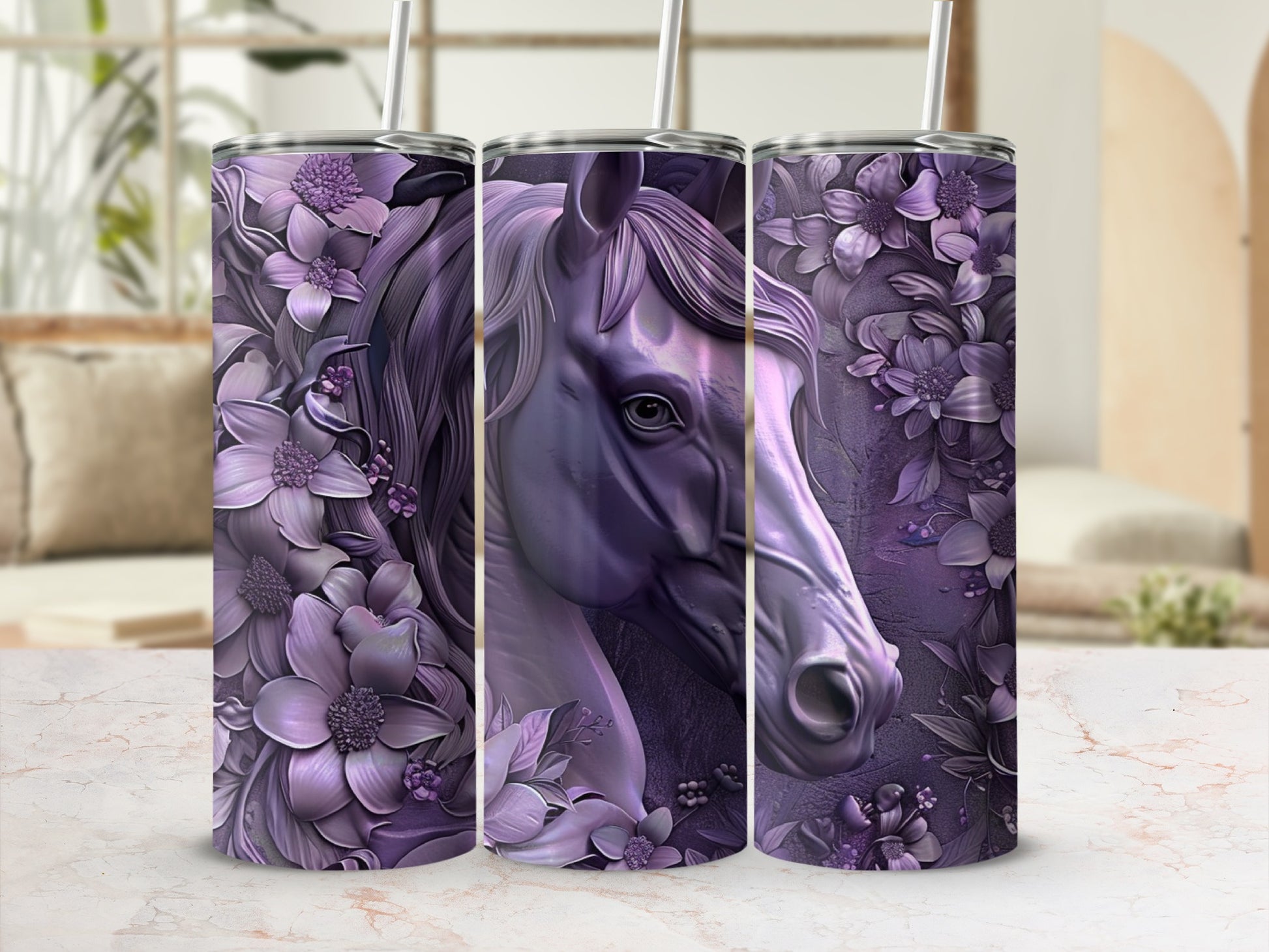 Purple horse with flowers on a tumbler.