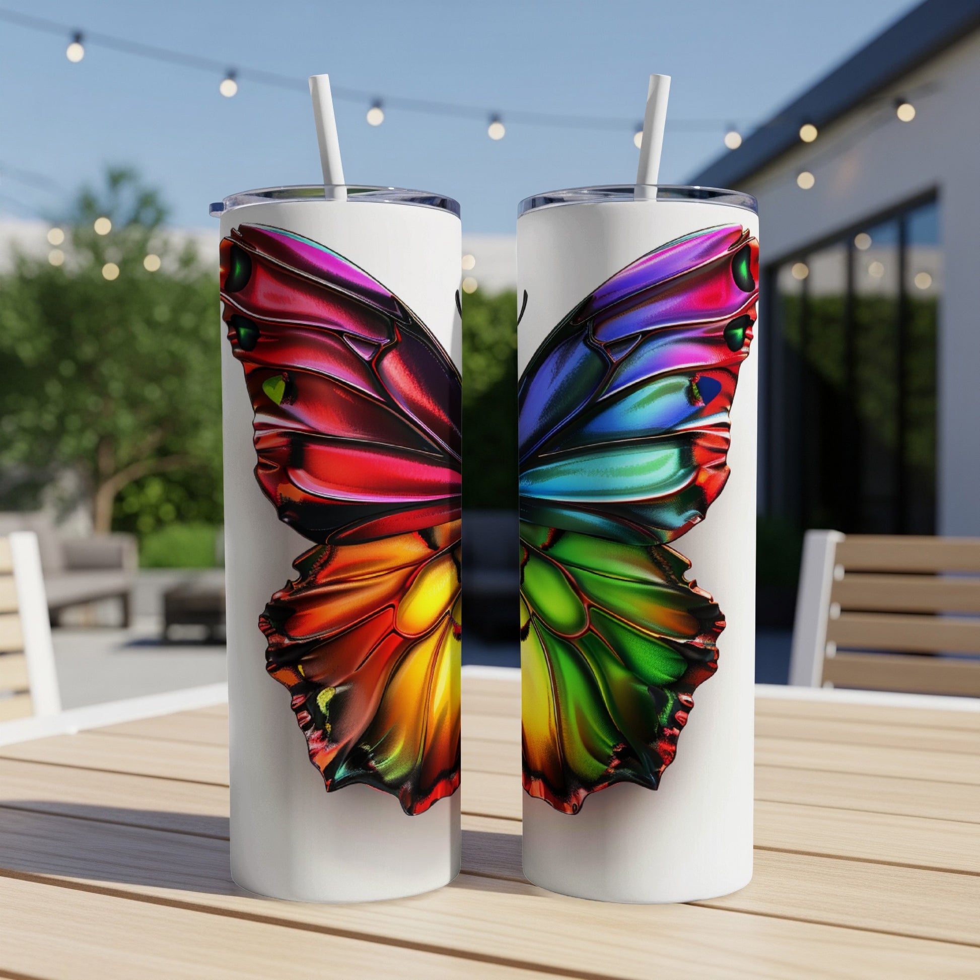 Two white tumblers with iridescent butterfly wing design.