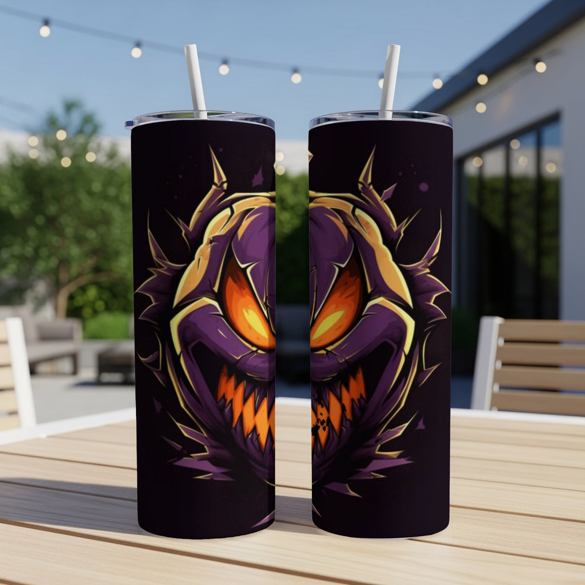 Two tumblers with a menacing purple and orange jack-o'-lantern design.