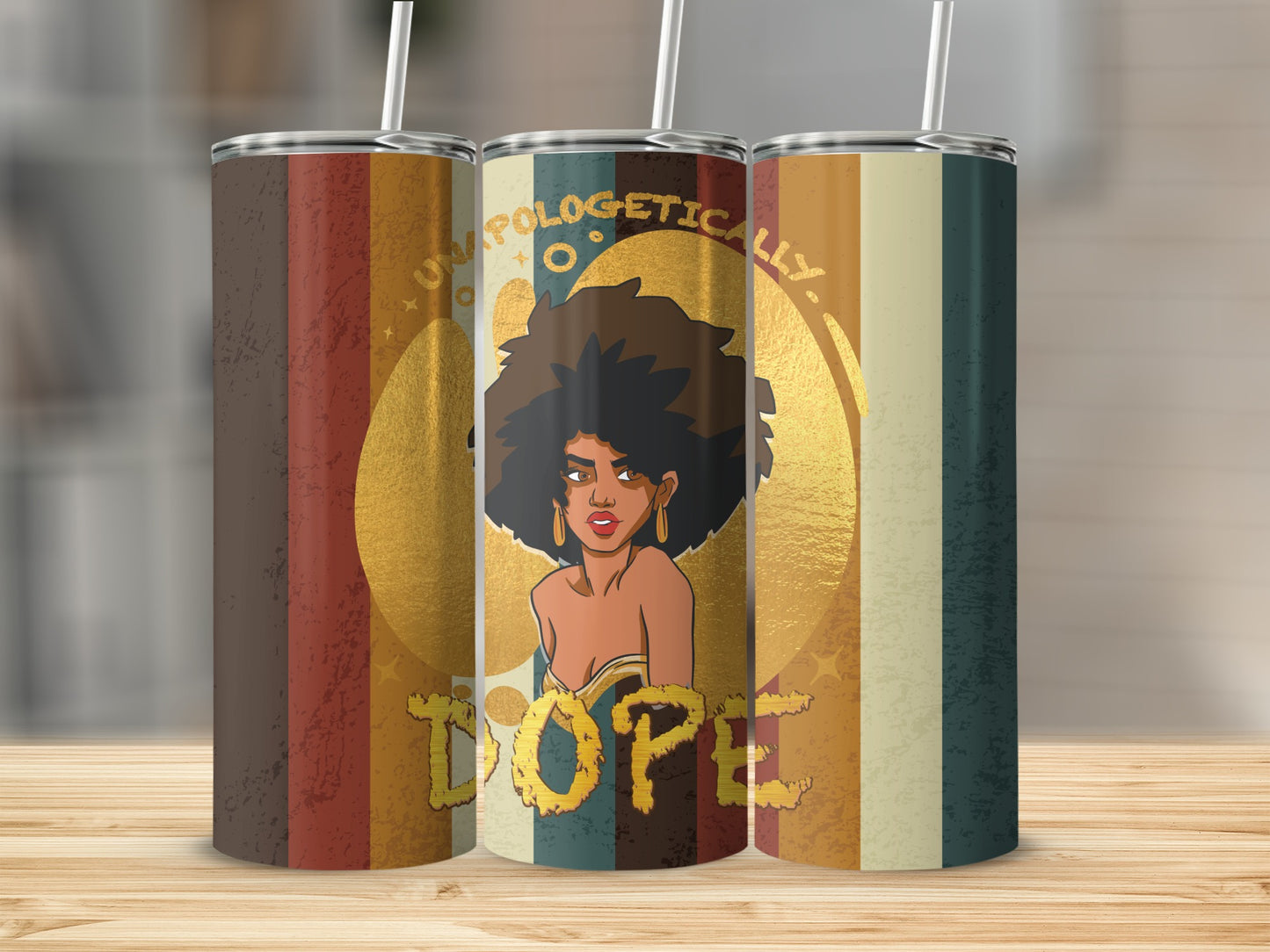 Woman with afro, "Unapologetically Dope" text, vintage stripes on tumbler.