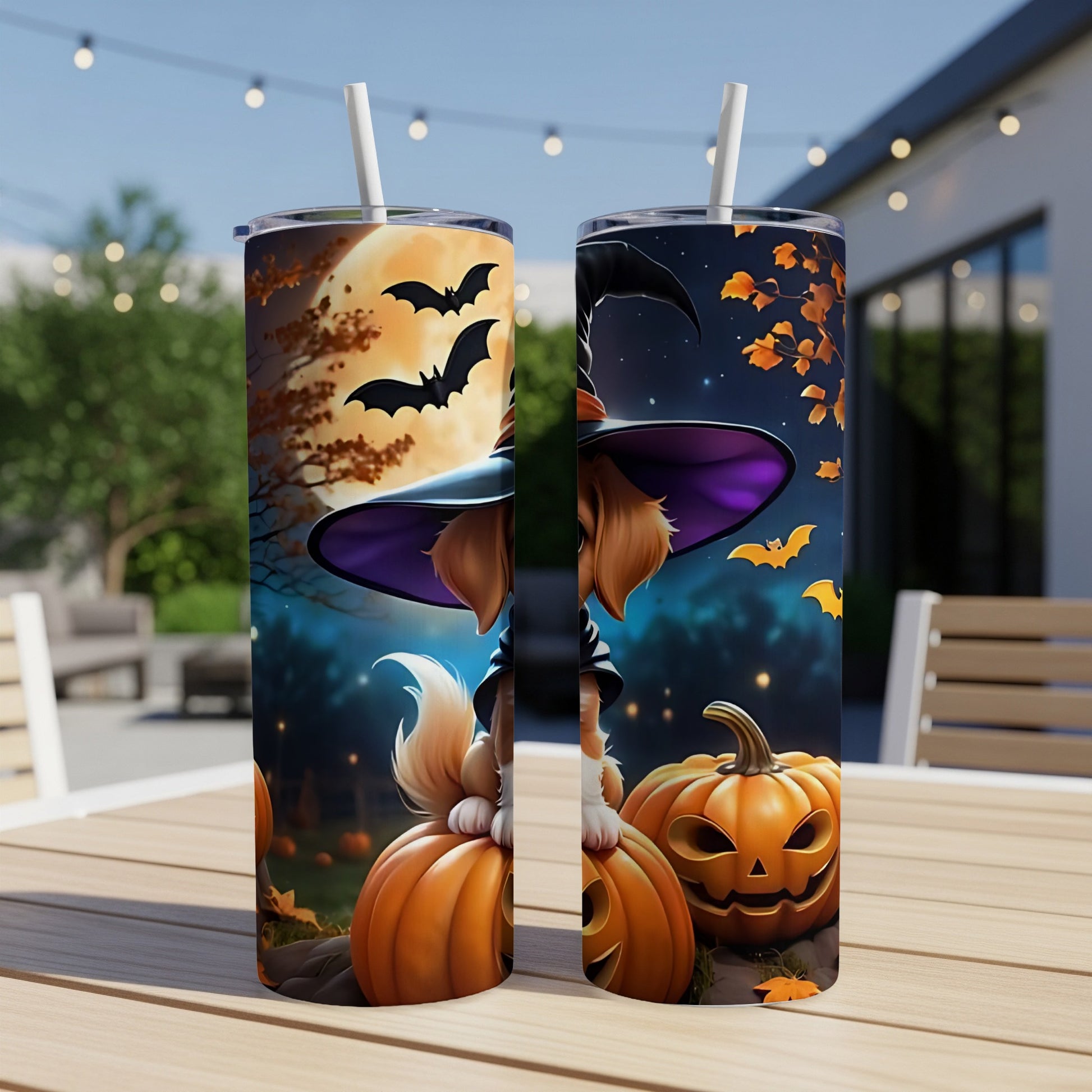 Two Halloween-themed tumblers featuring a dog in a witch hat and pumpkins.