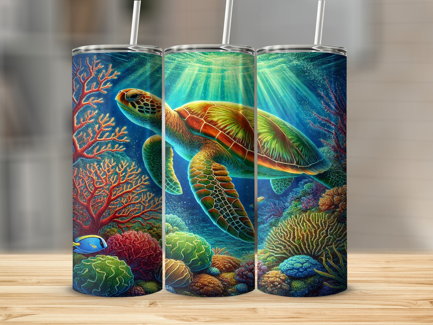 Sea Turtle and Coral Ocean Scene Tumbler Design