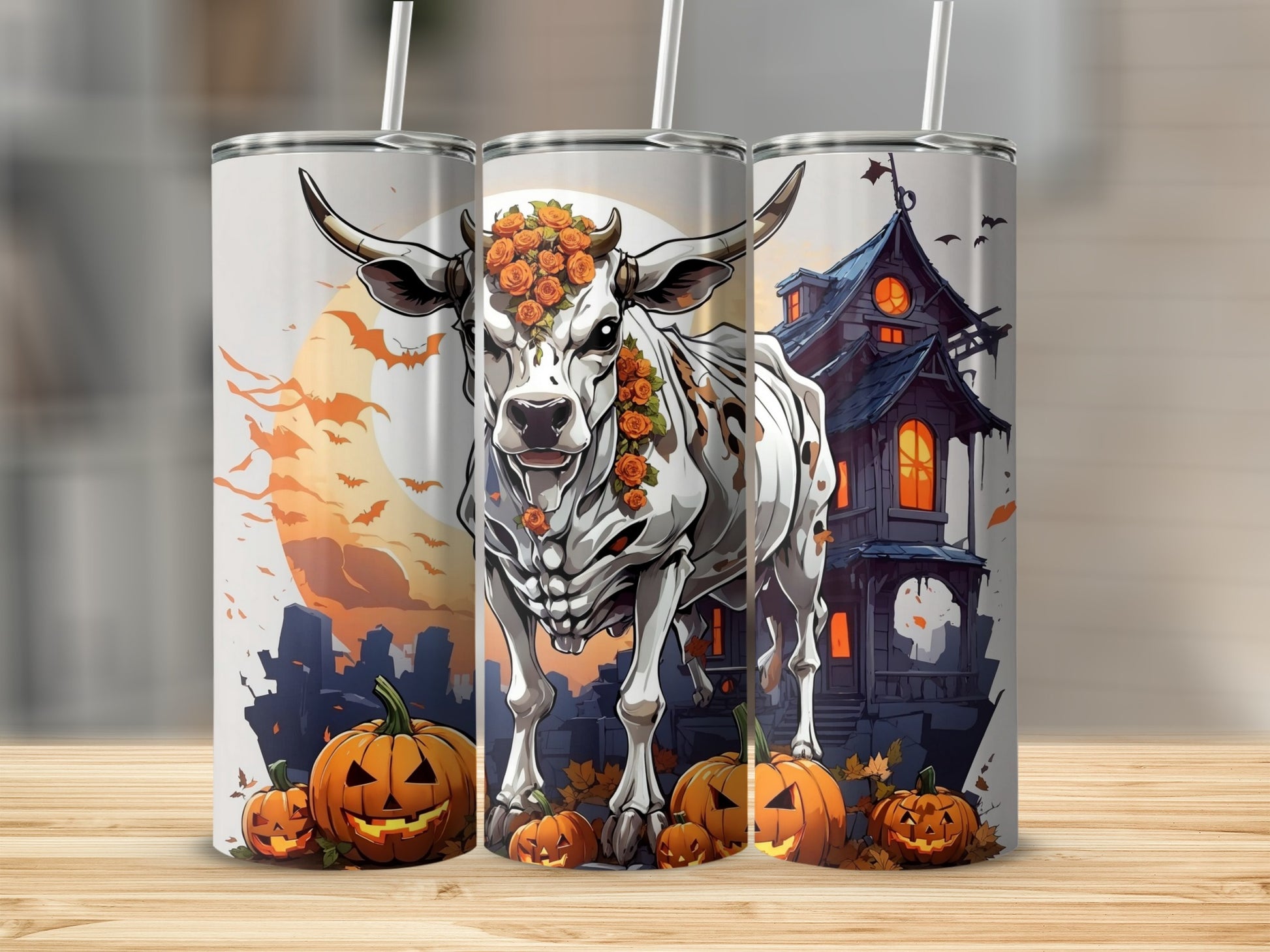 Halloween Cow with Pumpkins Tumbler Cup Design