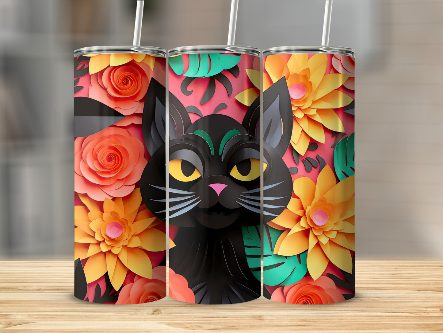 Three tumblers with a black cat surrounded by colorful paper flowers and leaves.