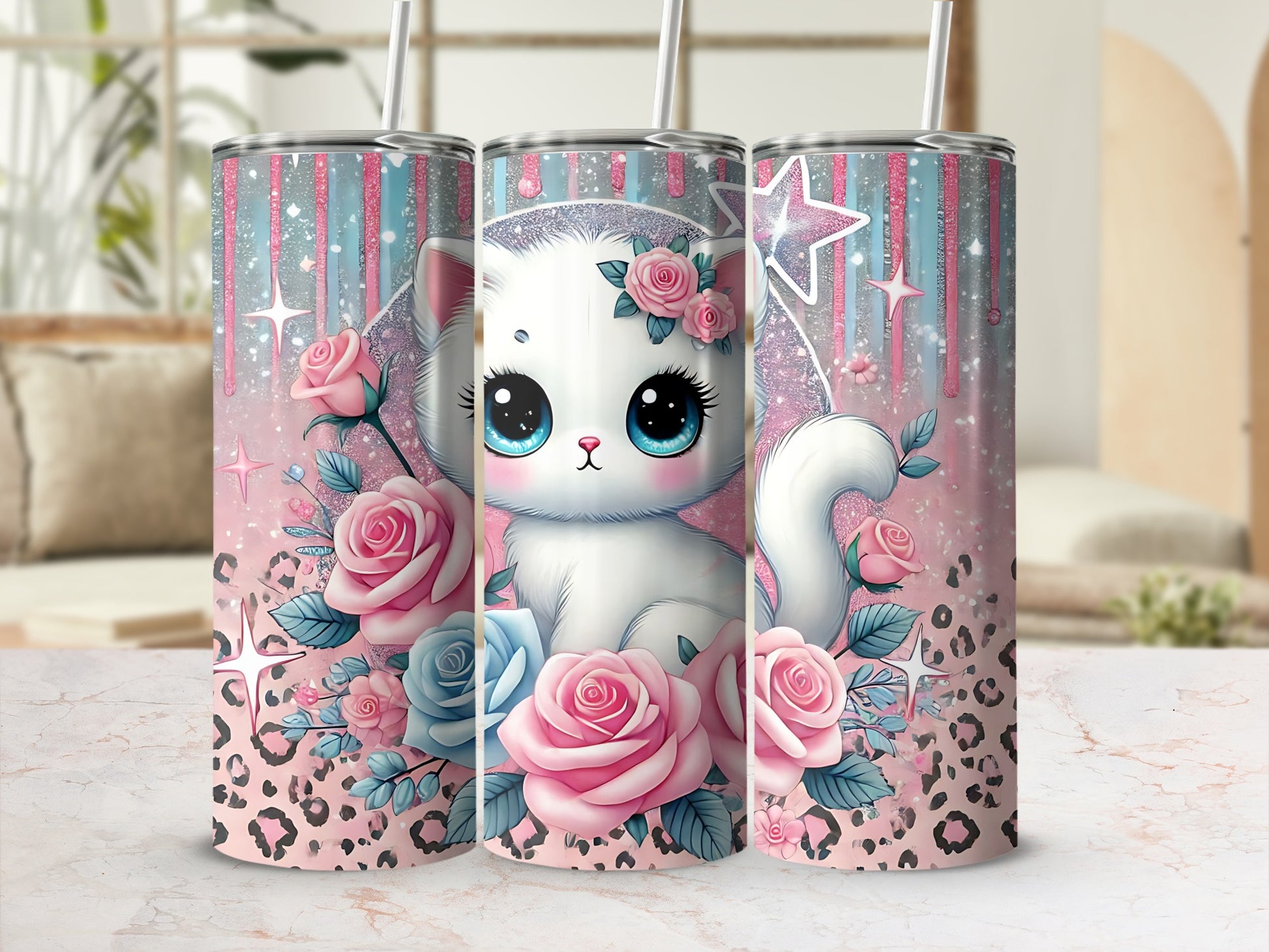 White kitten with blue eyes surrounded by roses and leopard print.