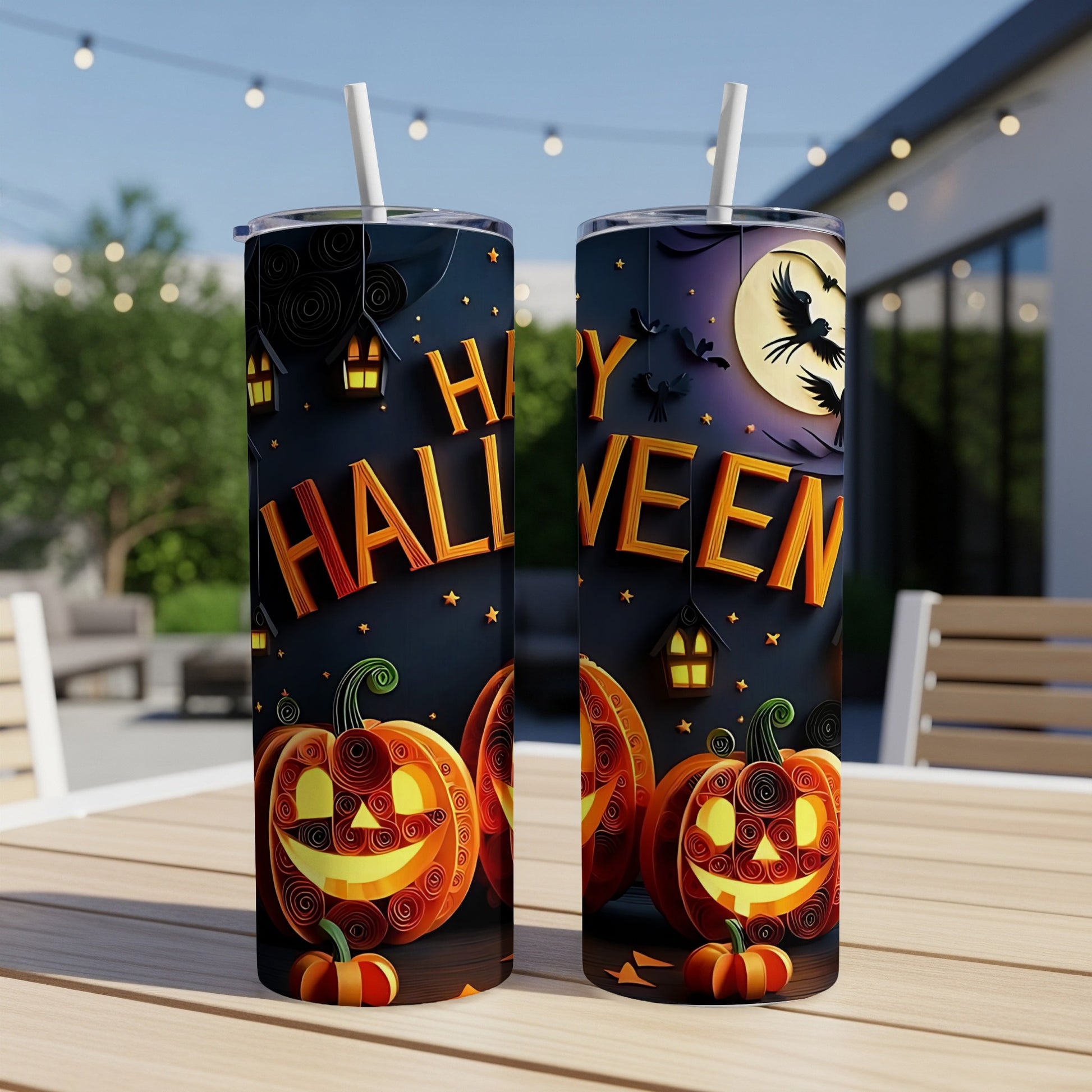 Two tumblers with Halloween theme, featuring pumpkins, bats, and "Happy Halloween" text.