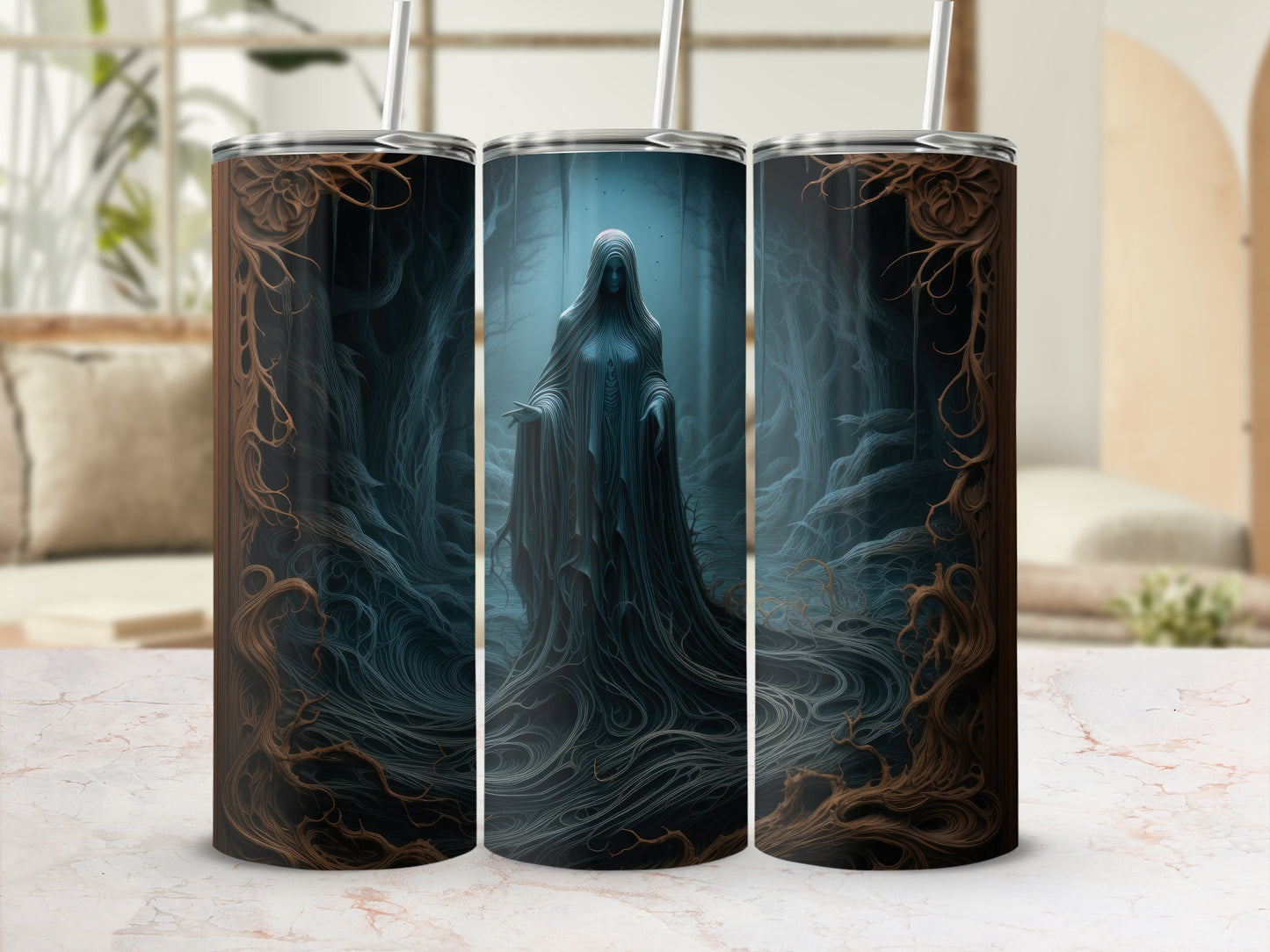 Three tumblers featuring a hooded figure in a dark, stylized forest.