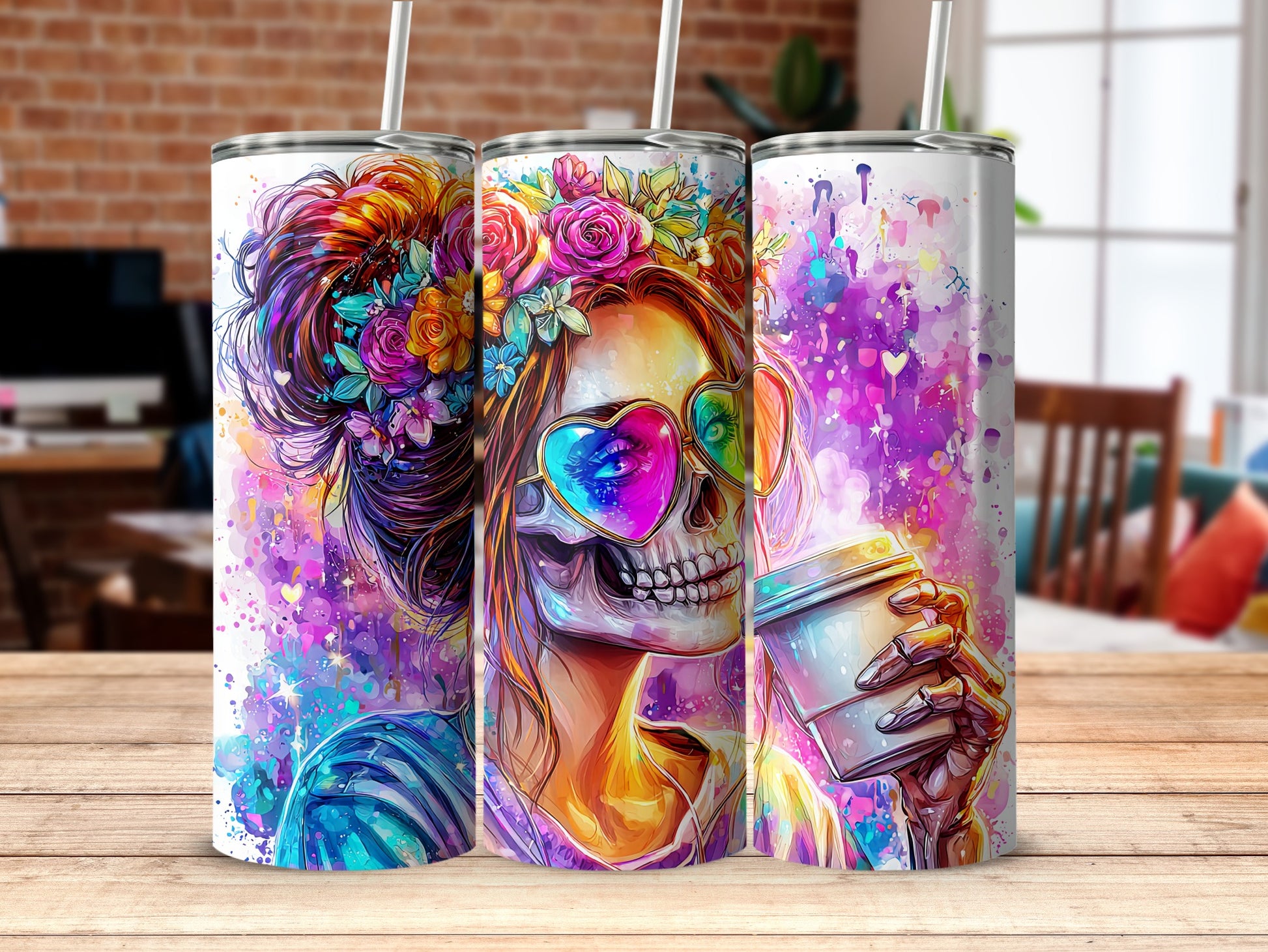 Colorful Skull with Flowers Insulated Tumbler