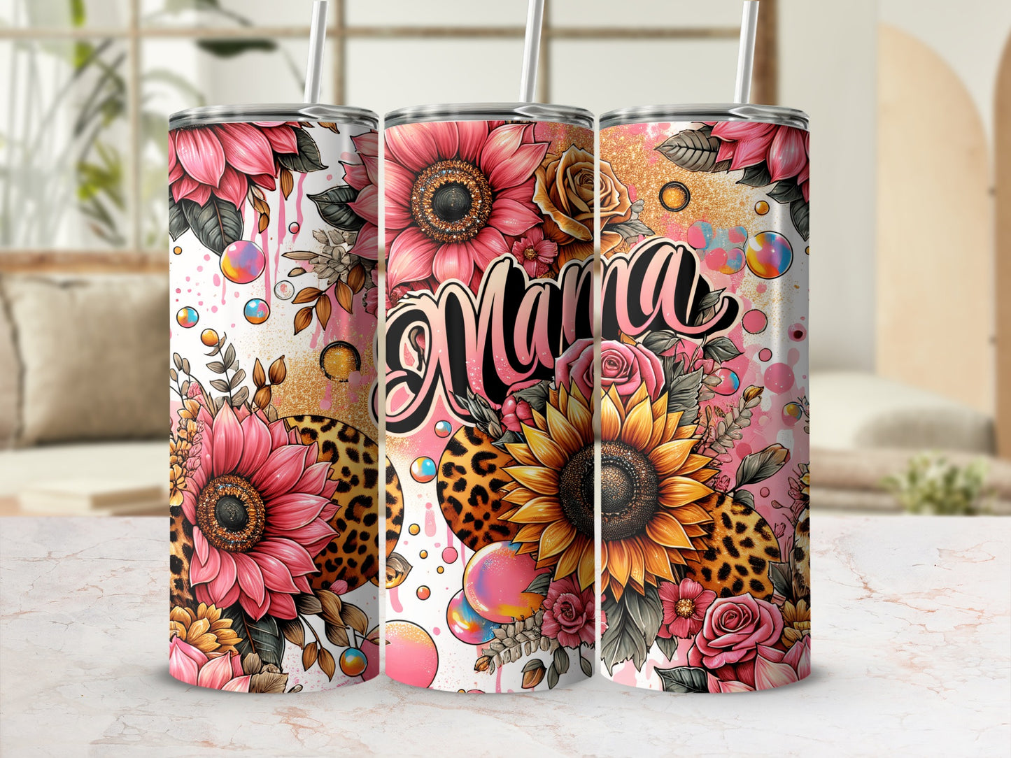 Mama Leopard and Sunflowers Design Drink Tumbler