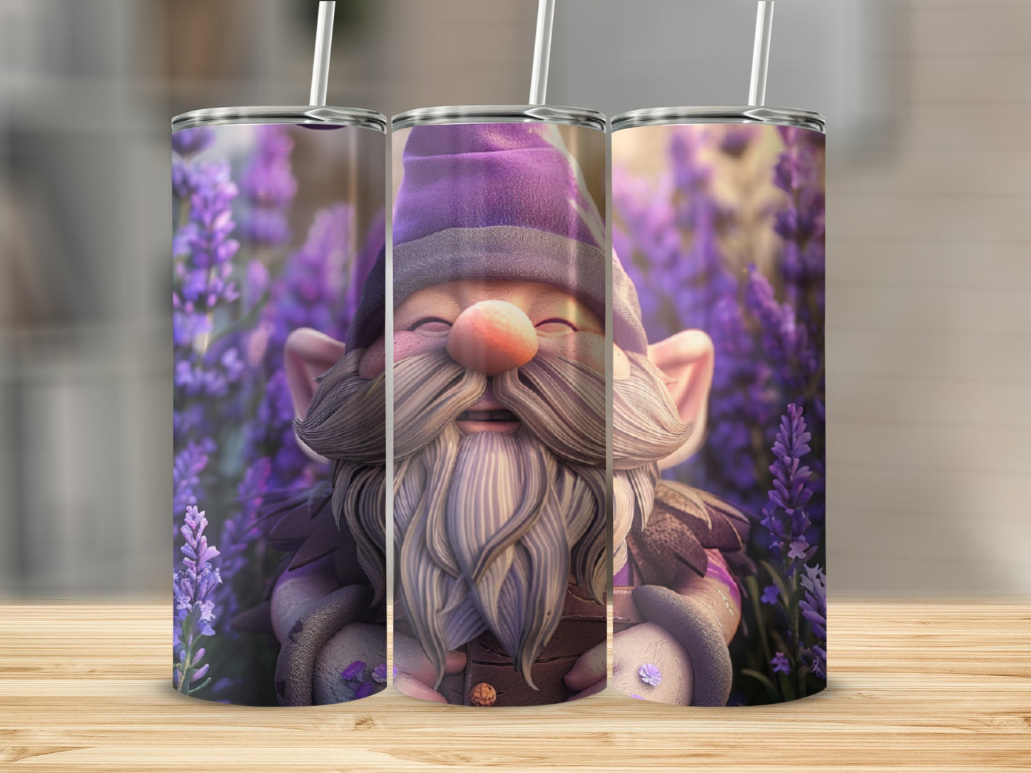 Gnome in purple hat with beard surrounded by lavender.