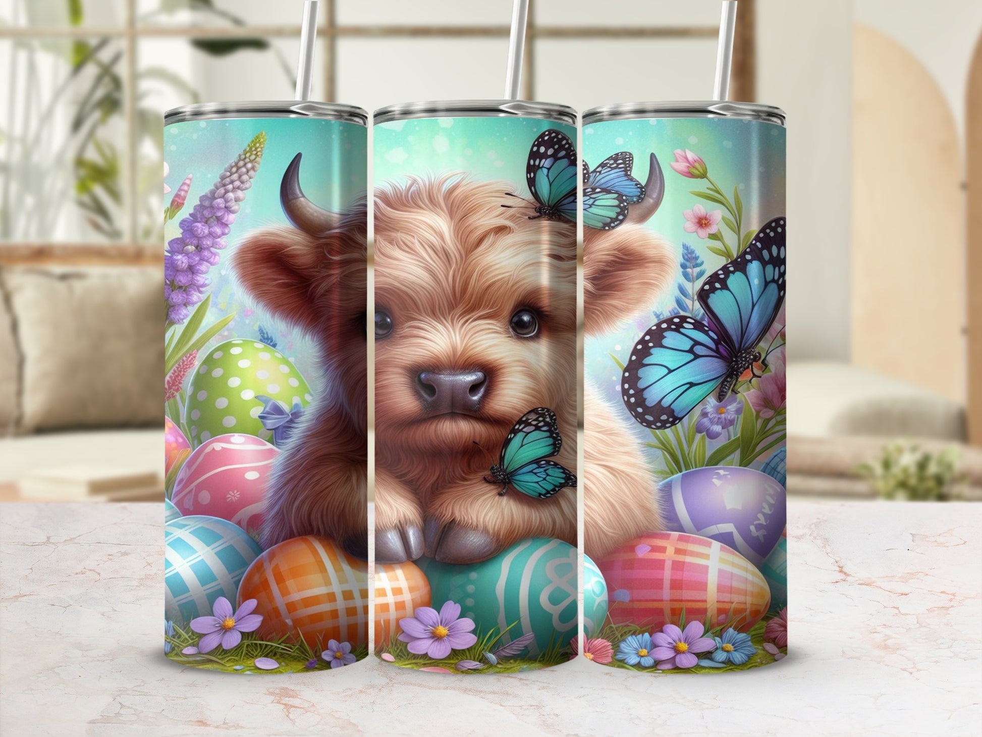 Fluffy baby highland cow with butterflies and Easter eggs.