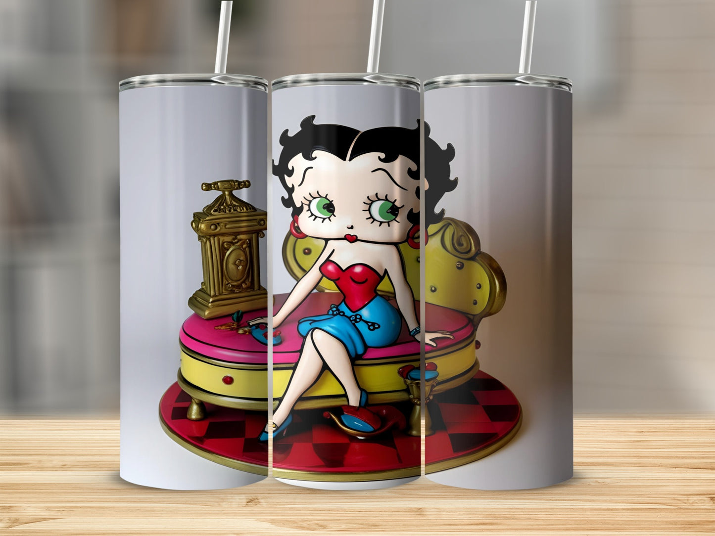 Betty Boop sitting on a pink and yellow couch with a clock.