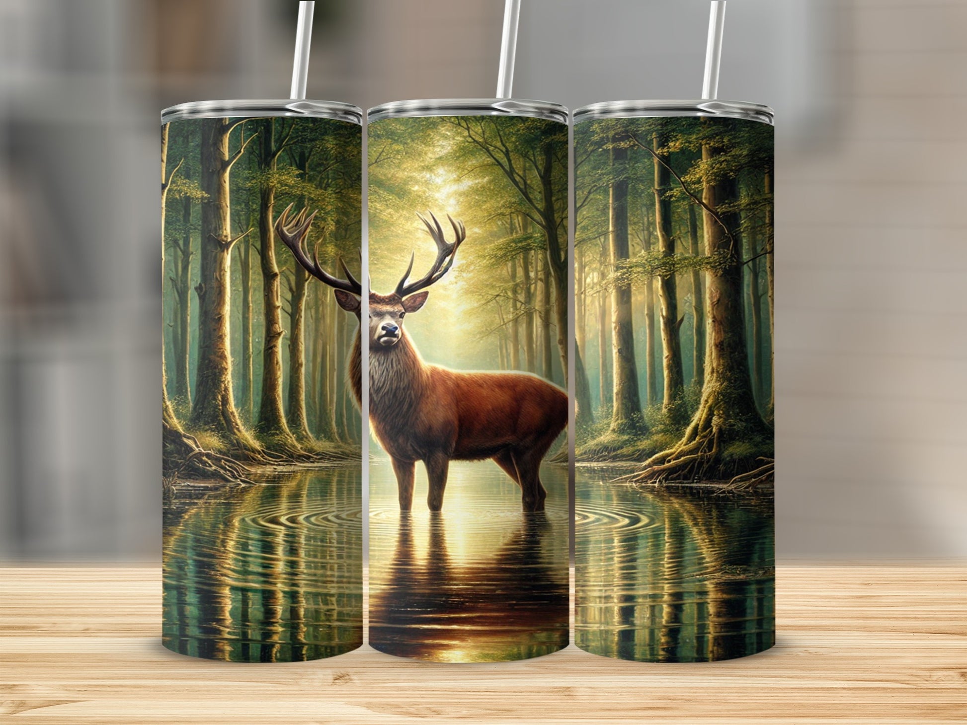 Majestic Deer in Forest with Reflections Tumbler