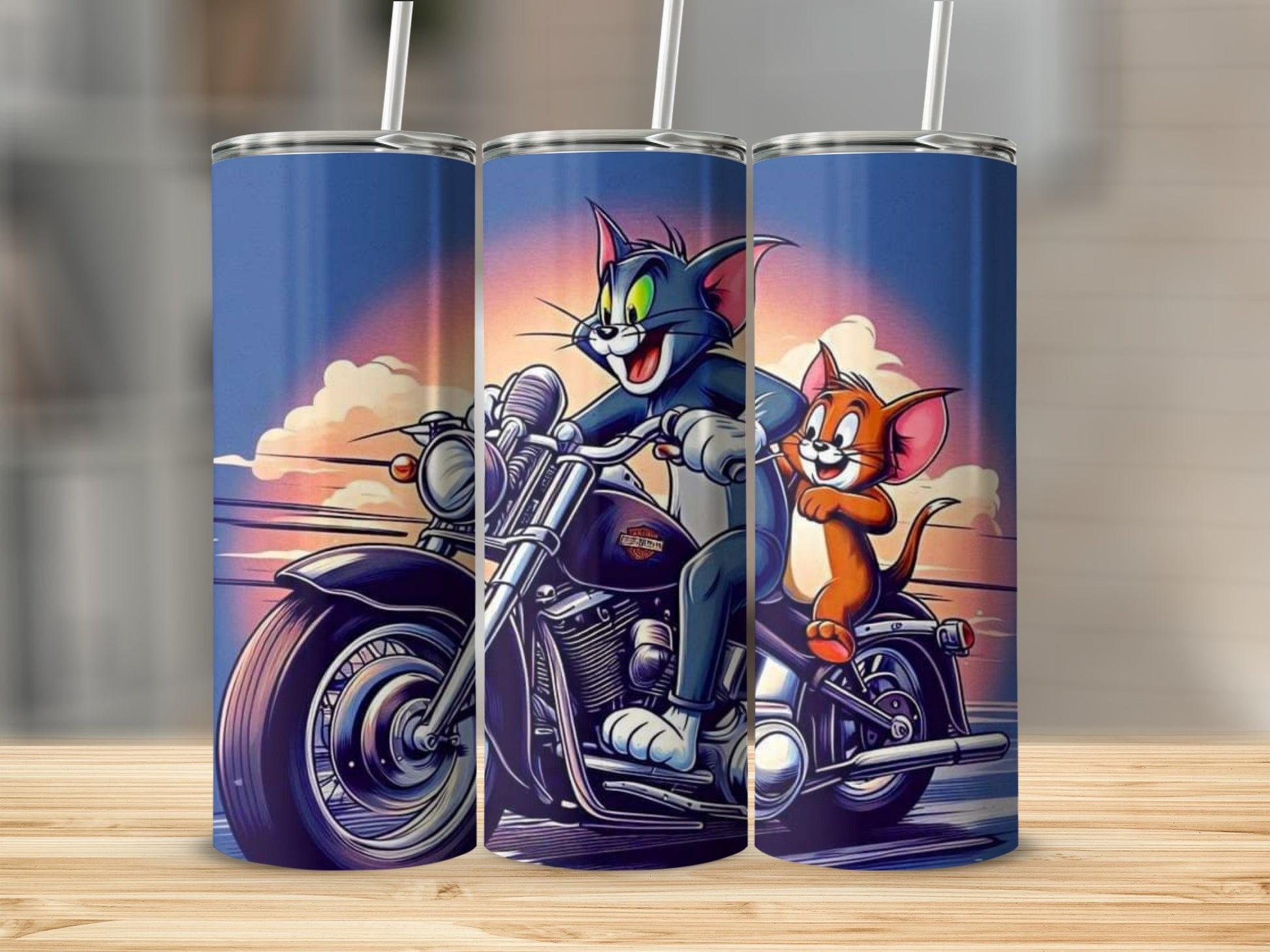 Tom and Jerry Riding Motorcycle Artwork Tumbler Cup