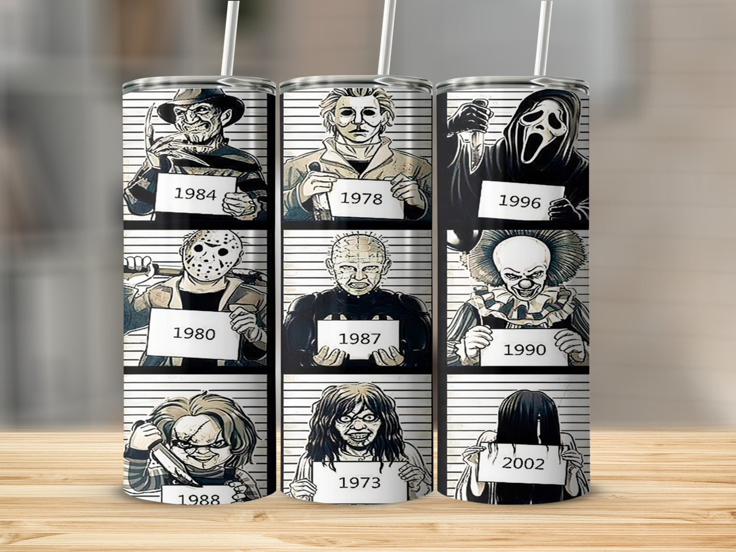 Horror movie villains mugshot collage on a tumbler.