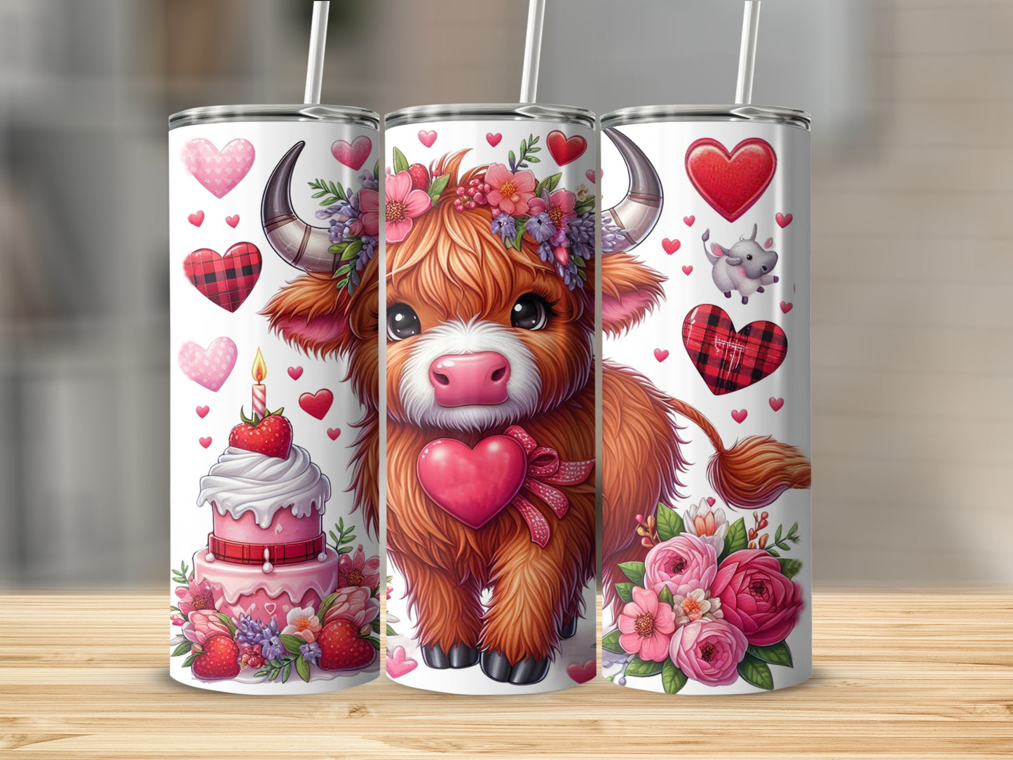 Cute Highland cow with heart, flowers, and birthday cake, Valentine's theme.