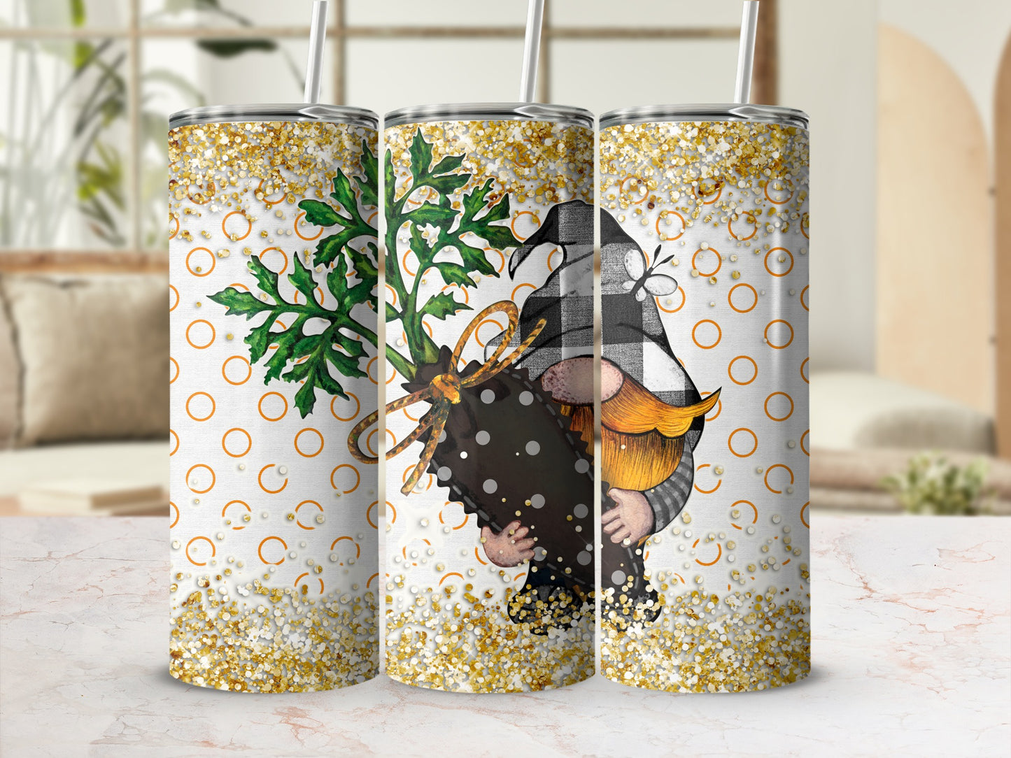 Gnome holding carrots with glitter trim and orange circle pattern.