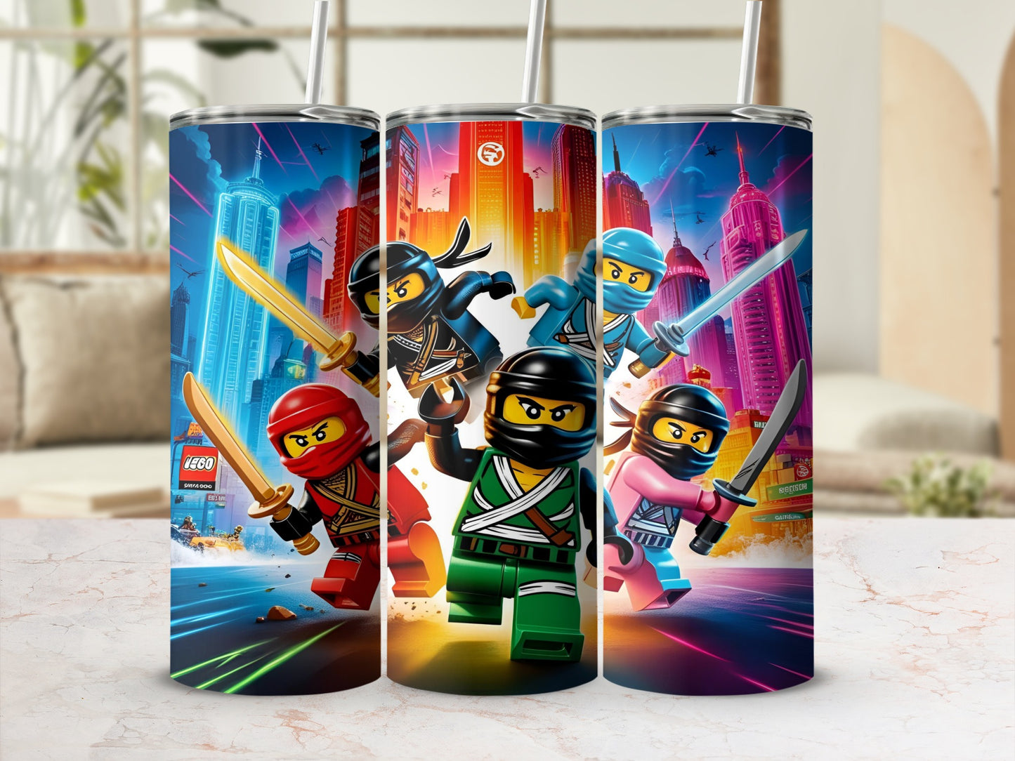 Three Ninjago characters on city background tumblers.