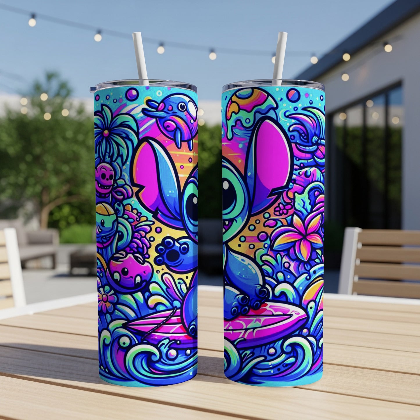 Stitch character on a surfboard with colorful cartoon background on two tumblers.
