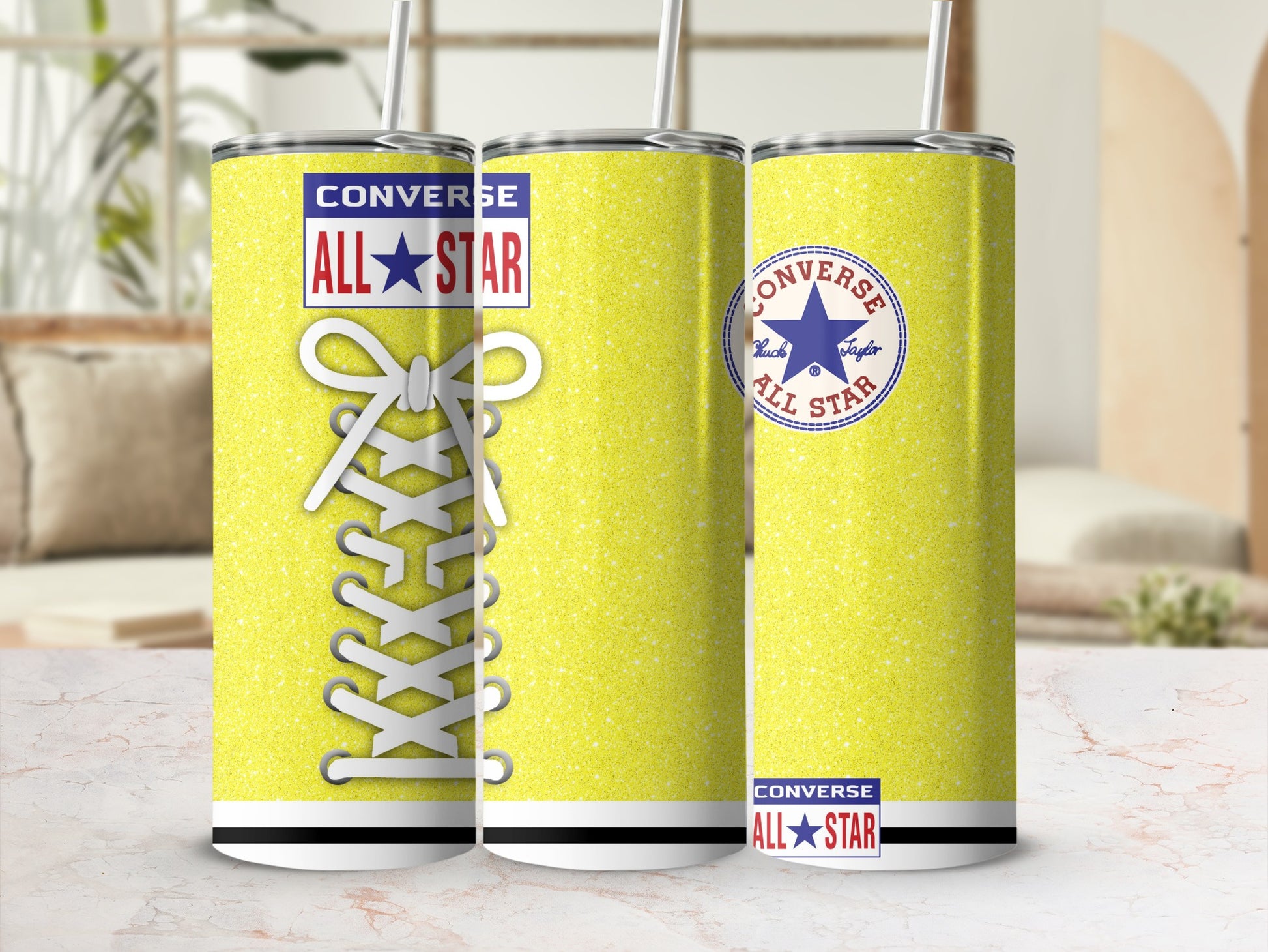 Yellow Converse All Star tumbler with glitter and laces.