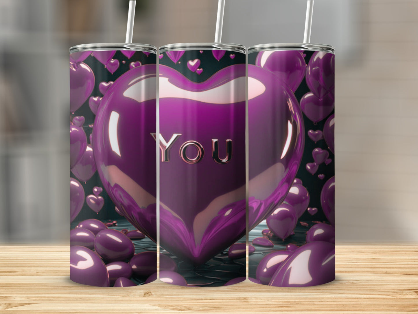 Purple heart tumbler with "YOU" text surrounded by hearts.