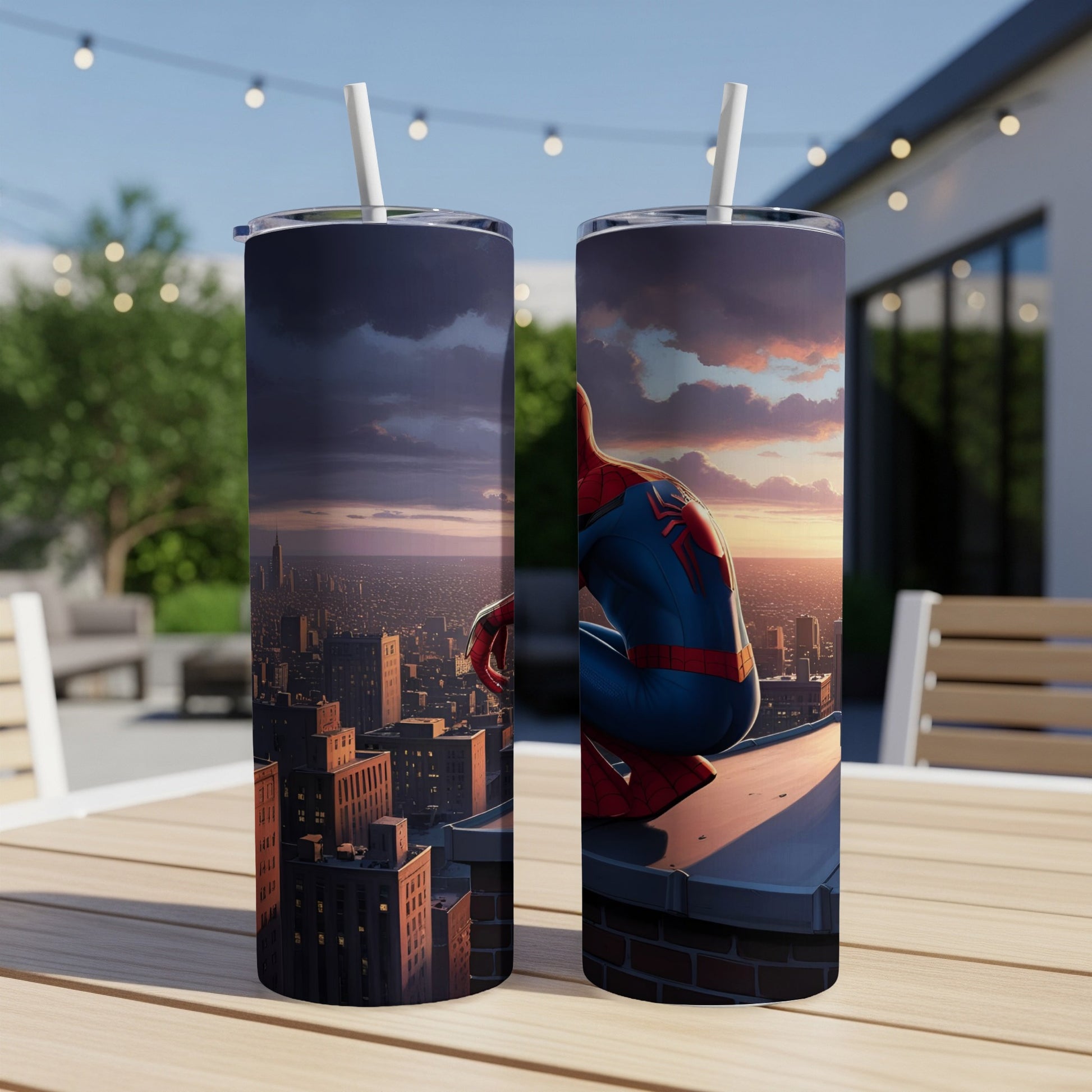 Spider-Man perched on a skyscraper rooftop overlooking a city at sunset.