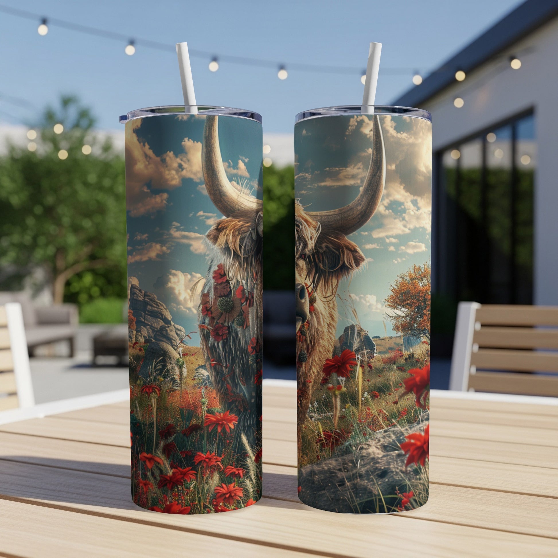 Highland cow illustration on two tumblers with floral accents.