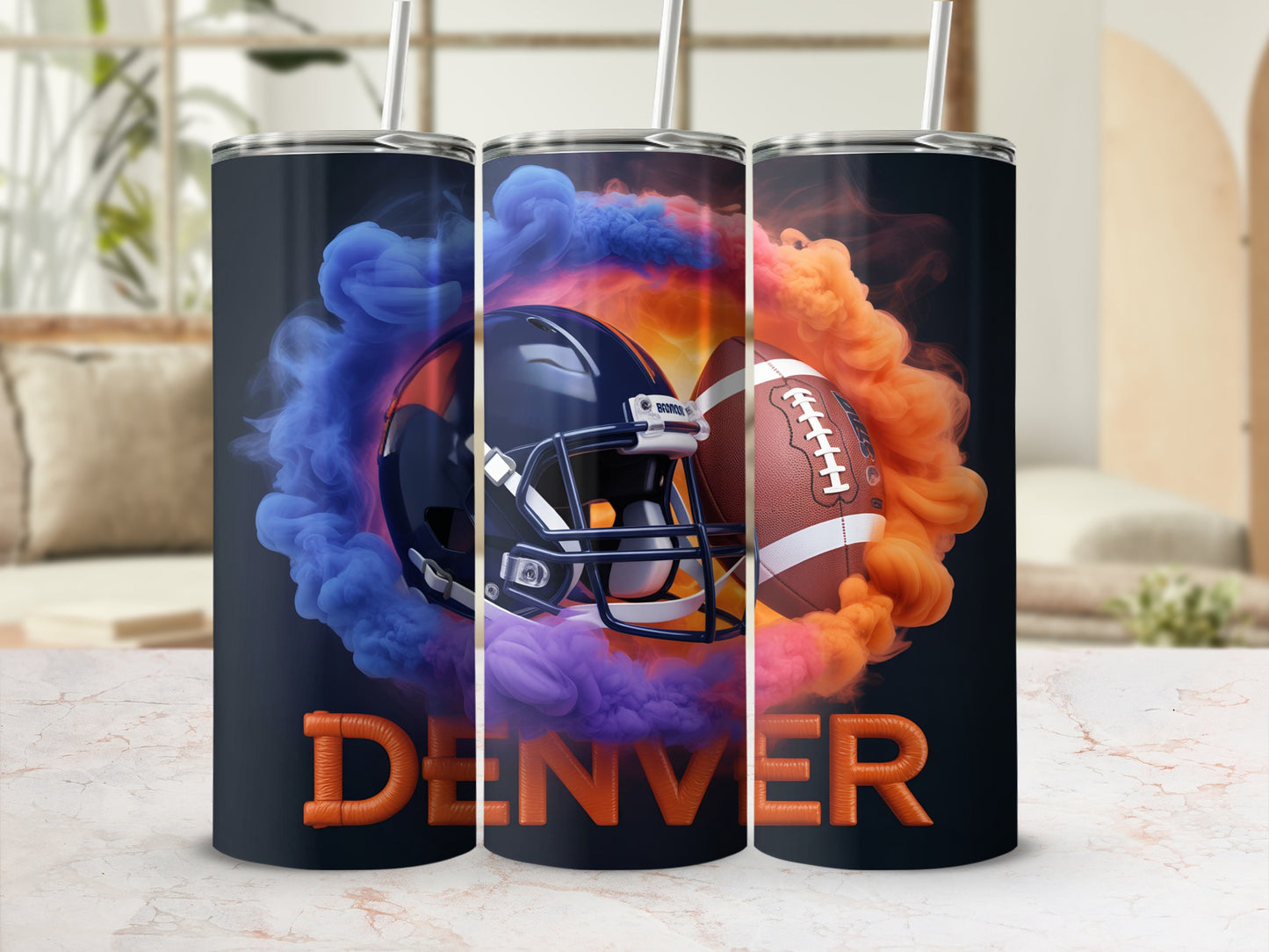 Denver Broncos helmet and football surrounded by orange and purple smoke.