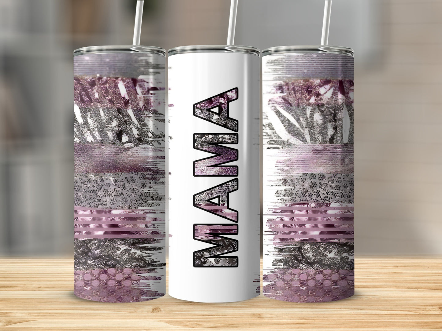 Tall tumbler with "MAMA" text and abstract purple, black, and silver design.