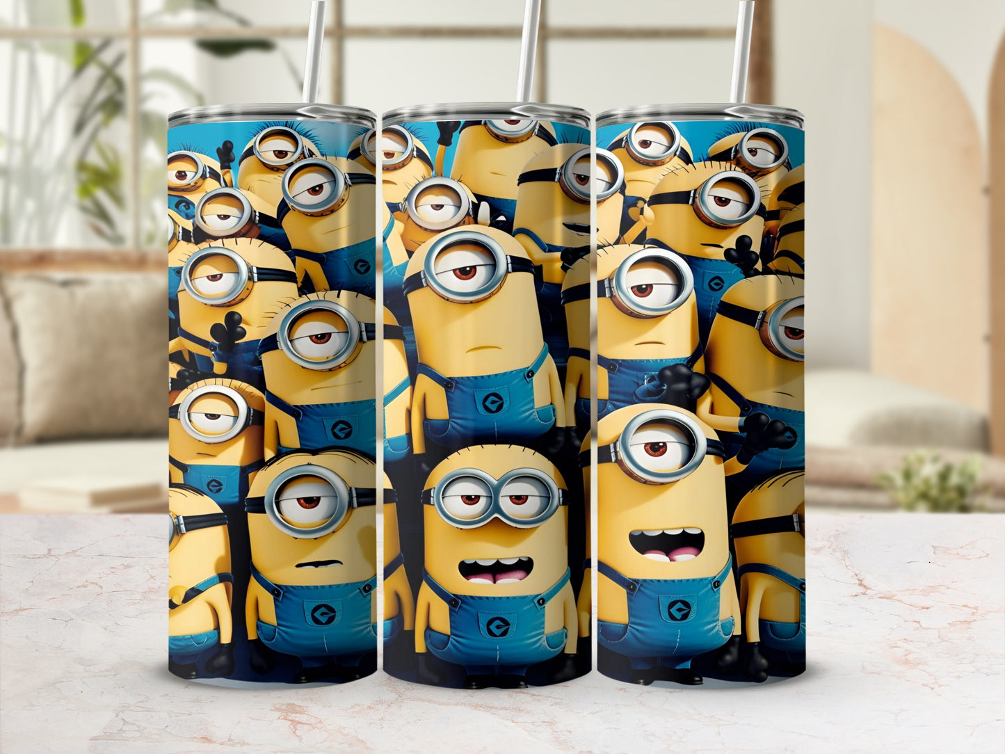 Many Minions in blue overalls and goggles crowded together on a blue background.
