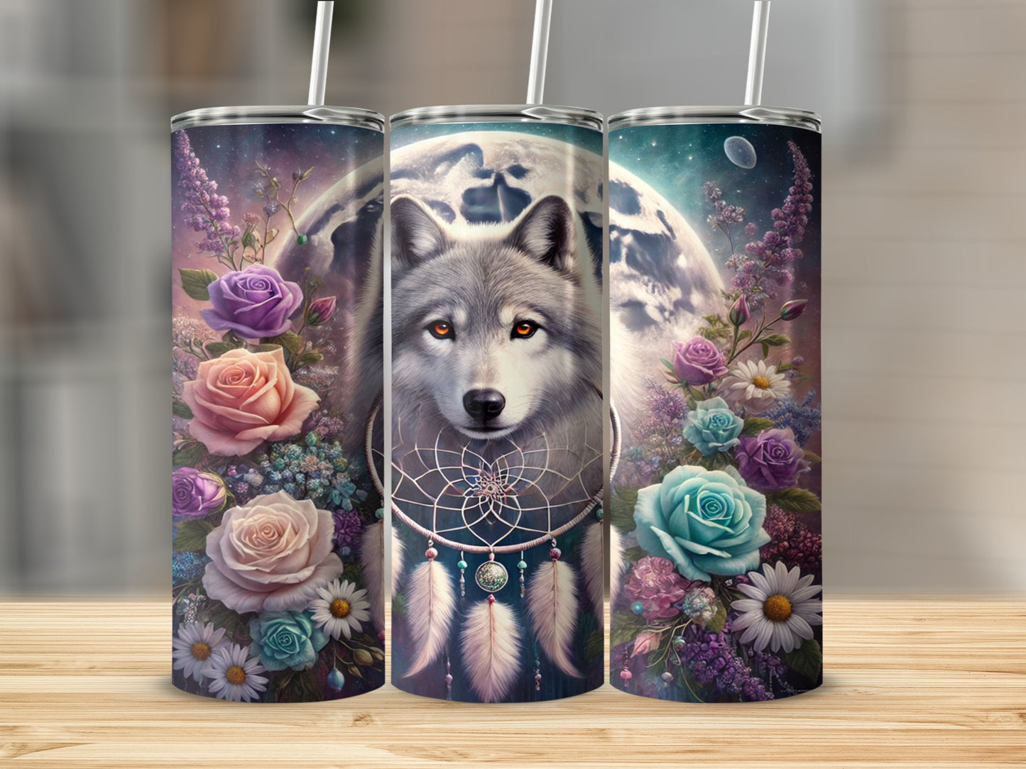 Mystical Wolf and Flowers Dreamcatcher Tumbler
