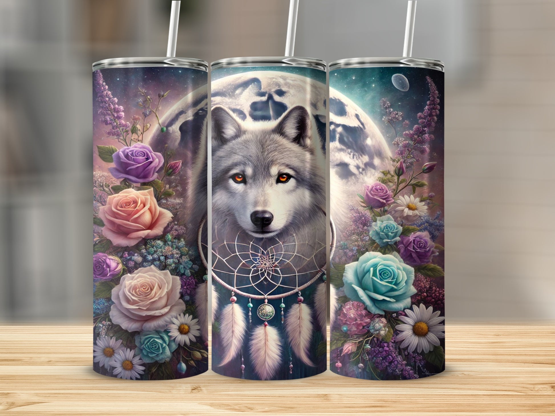 Mystical Wolf and Flowers Dreamcatcher Tumbler