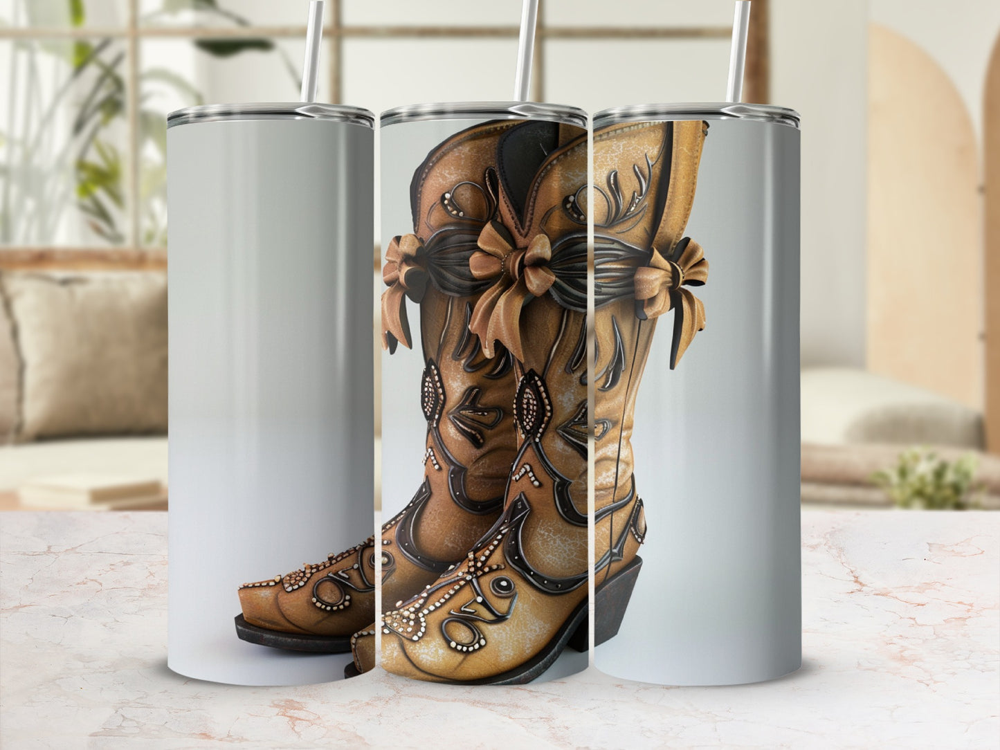 Three cowboy boots with floral and bejeweled embellishments.