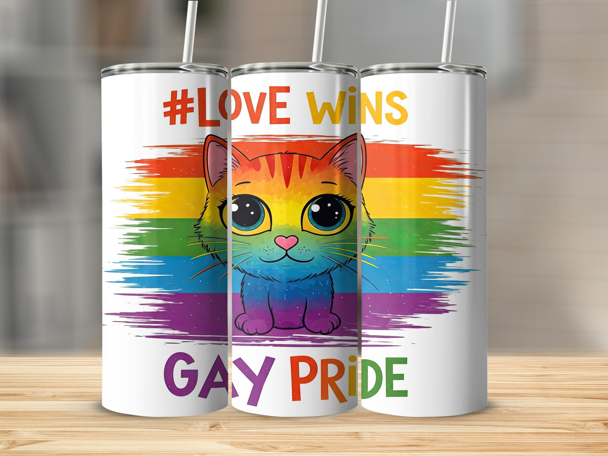 Rainbow cat with "Gay Pride #love wins" text on a tumbler.