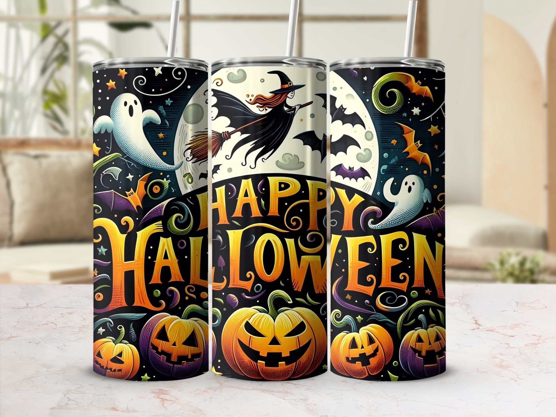 Happy Halloween Ghost Pumpkin Witch Design Tumbler