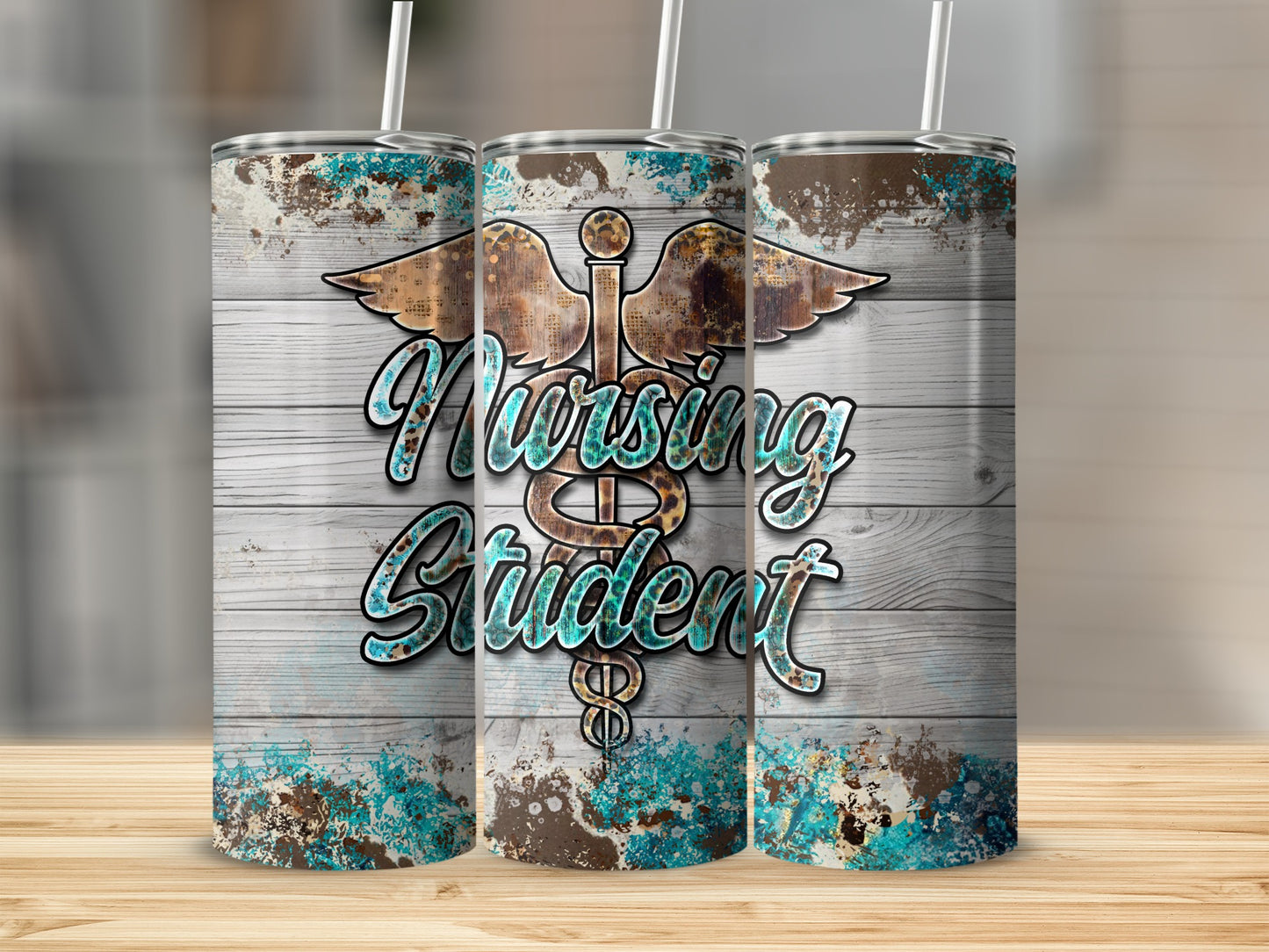Three tumblers with "Nursing Student" text and caduceus symbol on wood background.