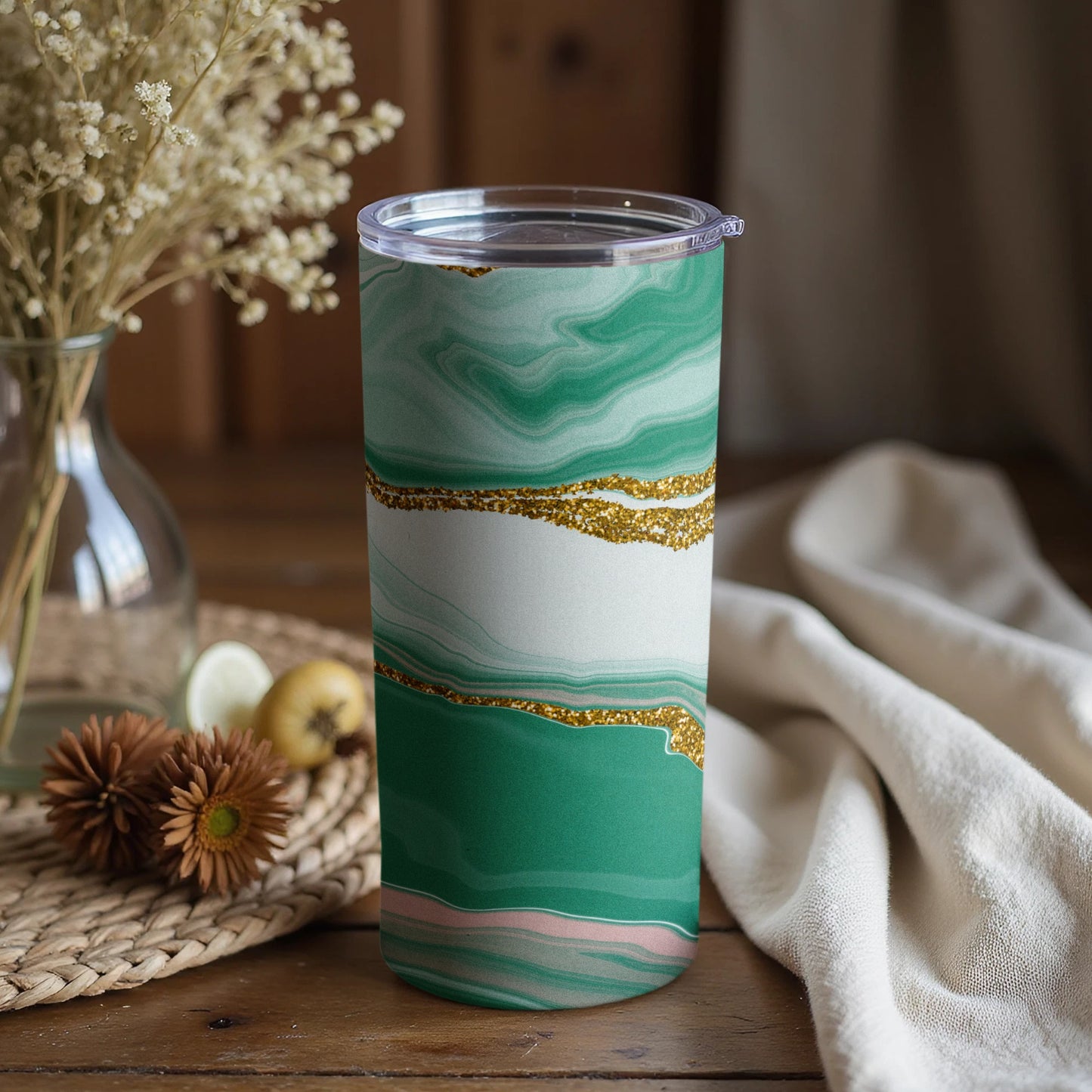 Green Marble Gold Accents Tumbler Cup Design