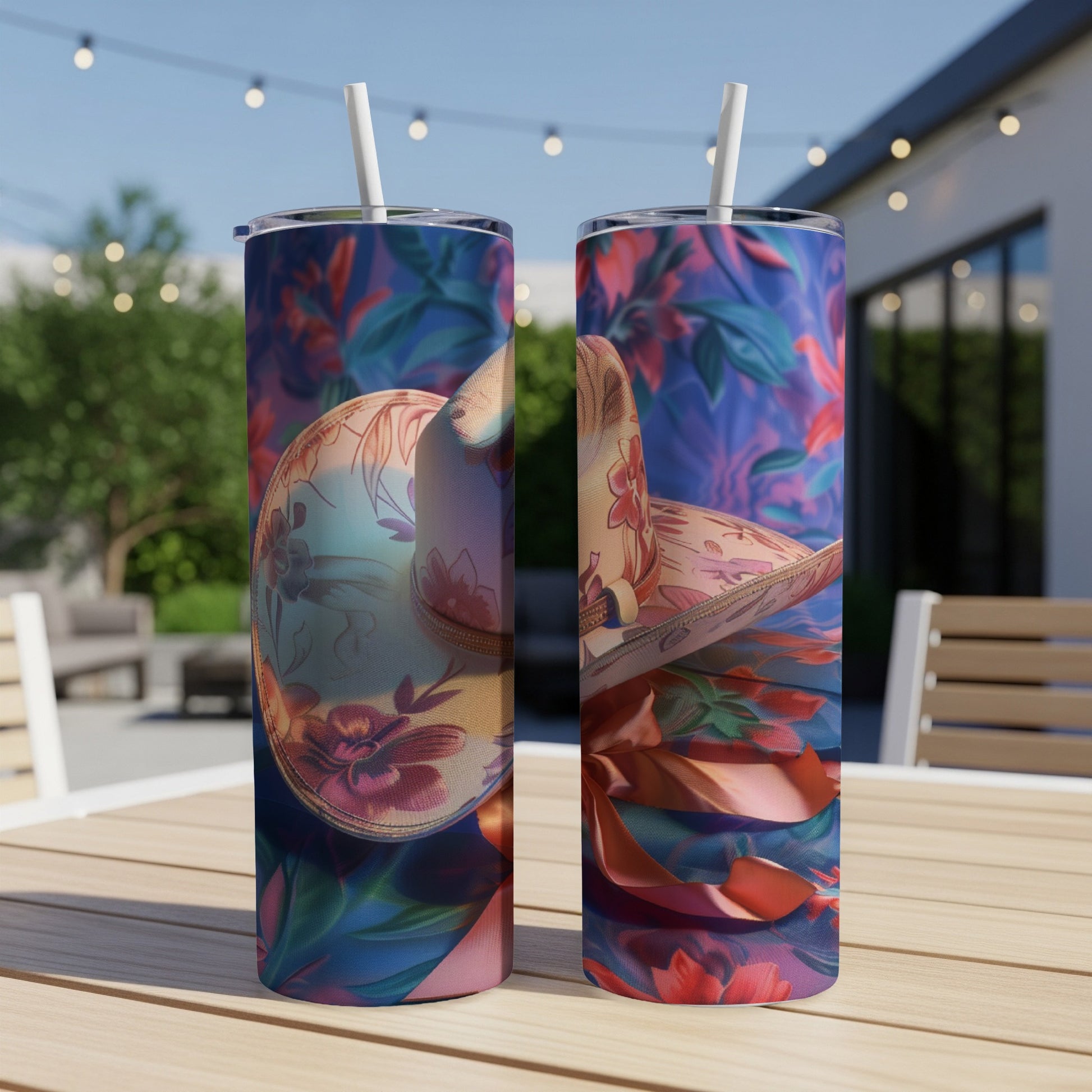 Two tumblers with floral sombrero design on a table outdoors.