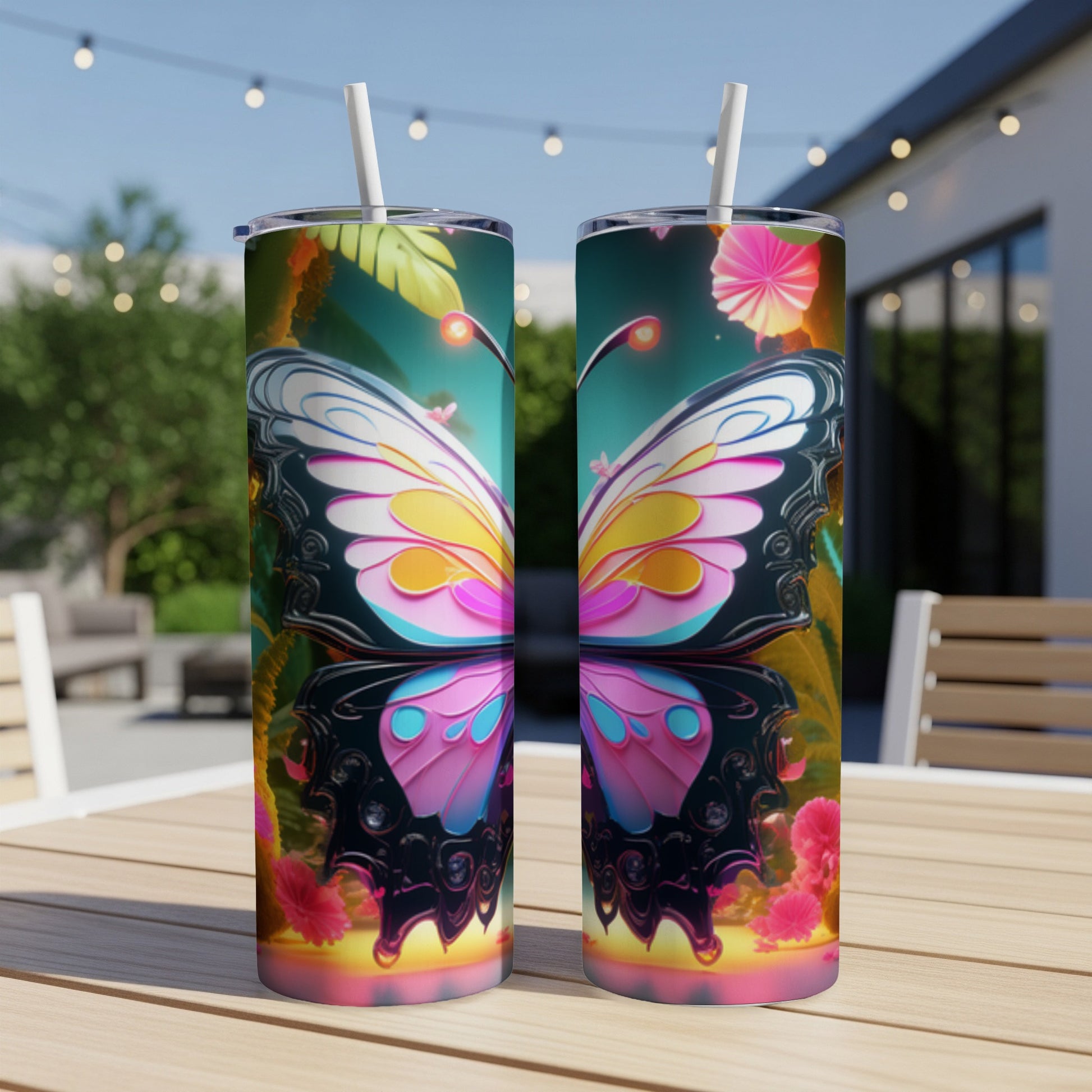 Two tumblers with butterfly wing design on outdoor table.