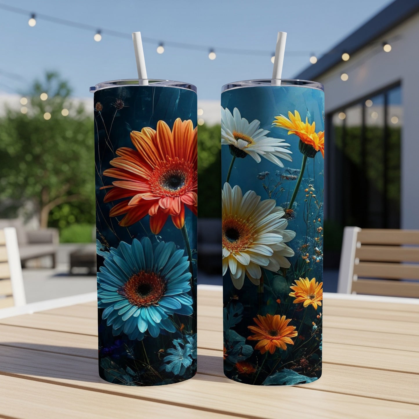 Two tall tumblers with colorful gerbera daisy floral pattern.