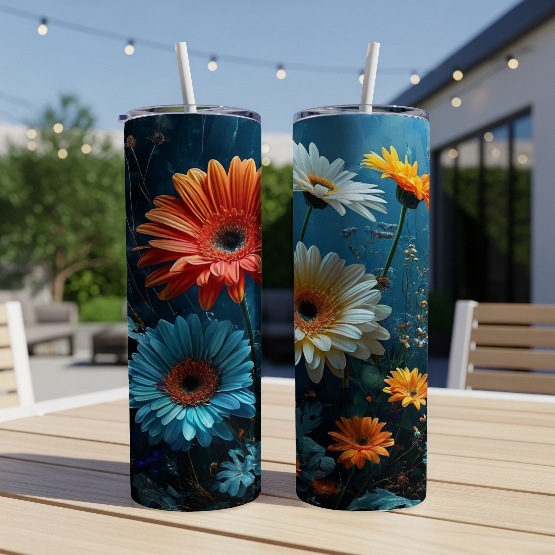 Two tall tumblers with colorful gerbera daisy floral pattern.