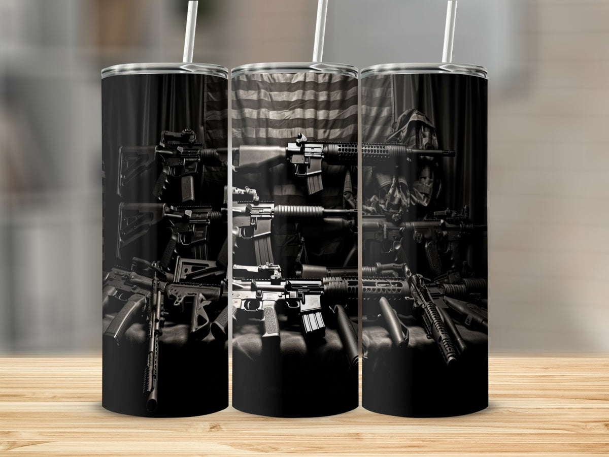 Multiple rifles arranged with American flag motif on a tumbler.