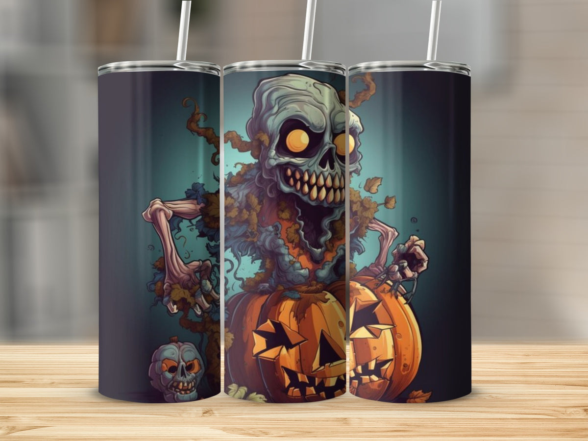 Creepy zombie over jack-o'-lanterns on a dark, Halloween-themed tumbler.