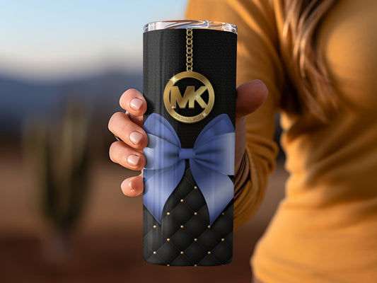 Stylish Black Tumbler with Blue Bow and Gold Emblem