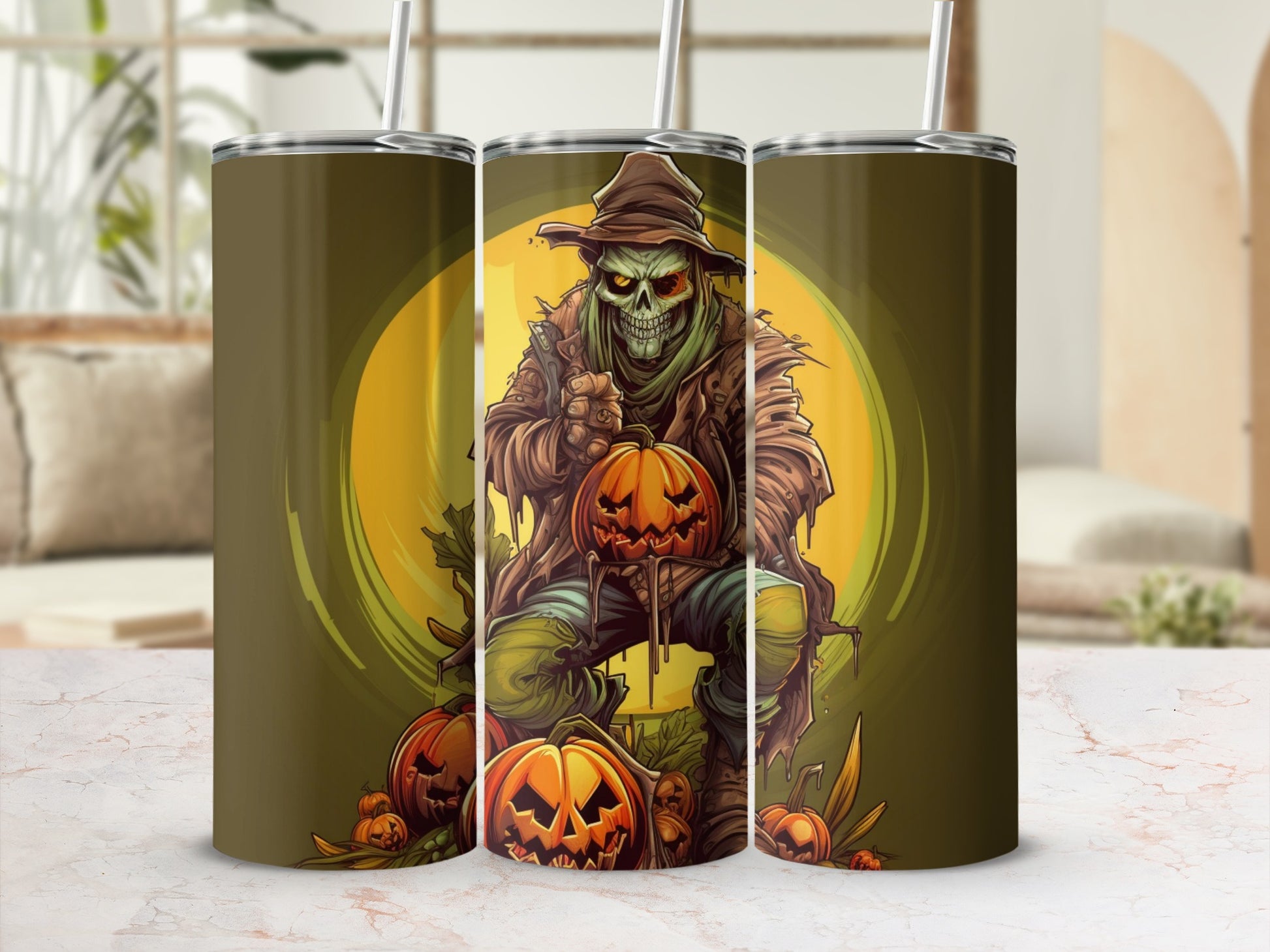 Spooky Halloween Skeleton and Pumpkins Tumbler Cup