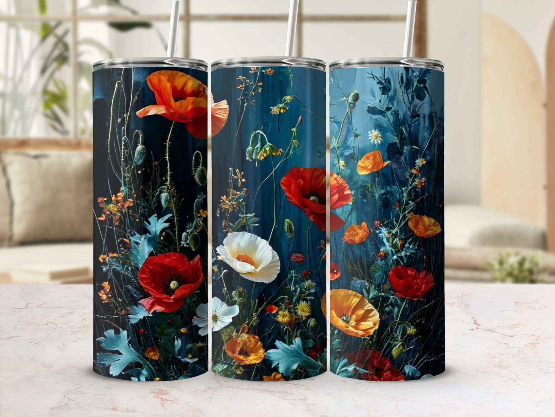 Three tumblers with a dark floral poppy pattern.