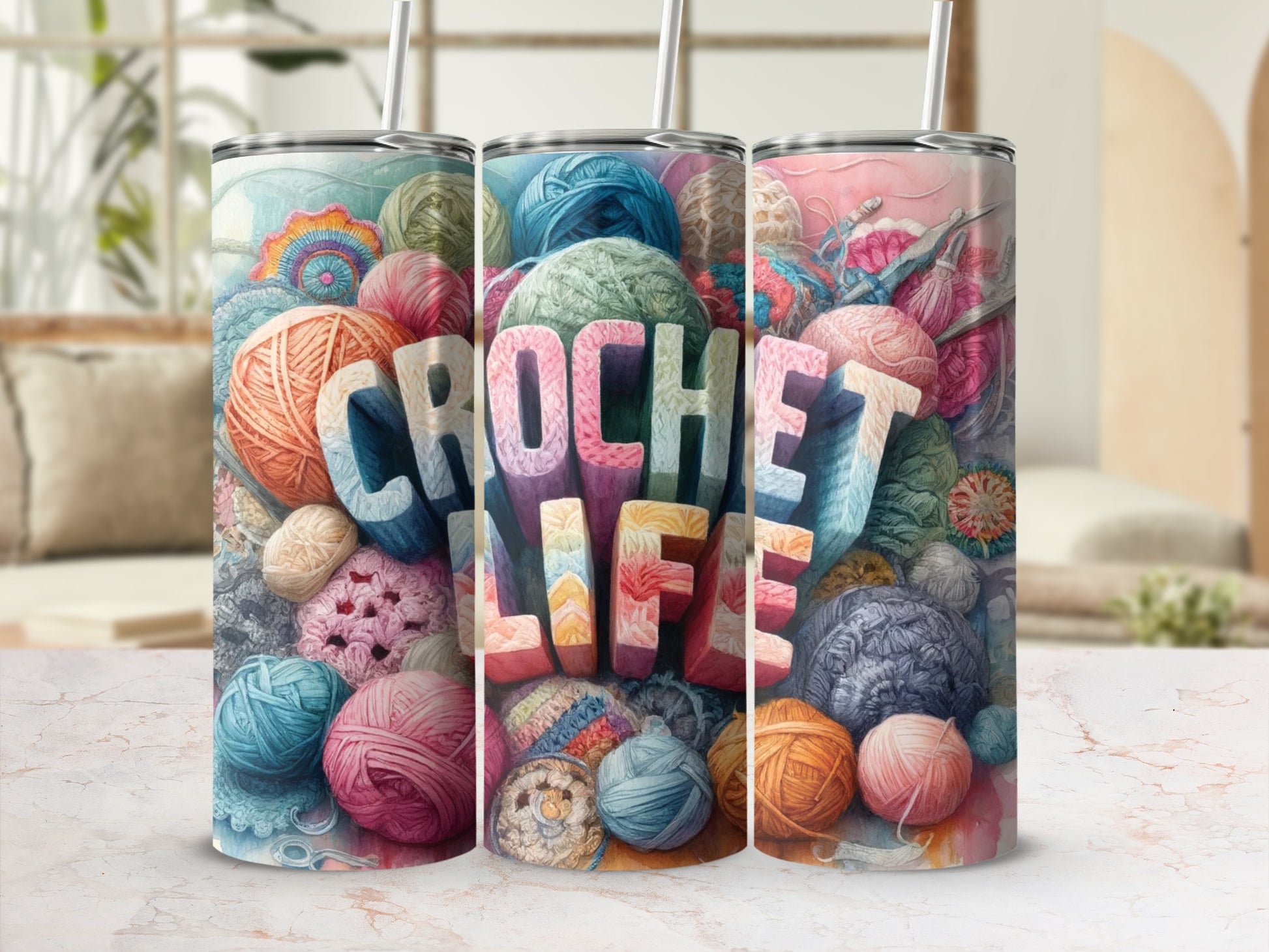 Crochet Life yarn balls stitches design tumbler product type