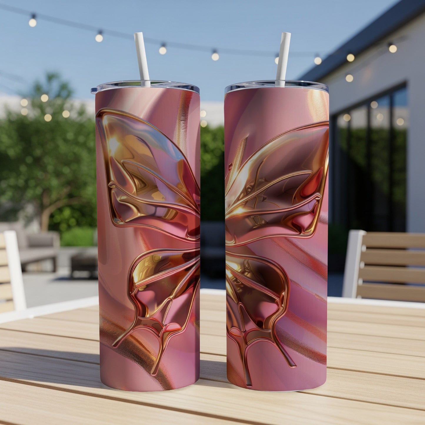 Pink iridescent butterfly design on two tumblers with straws, on a wooden table.